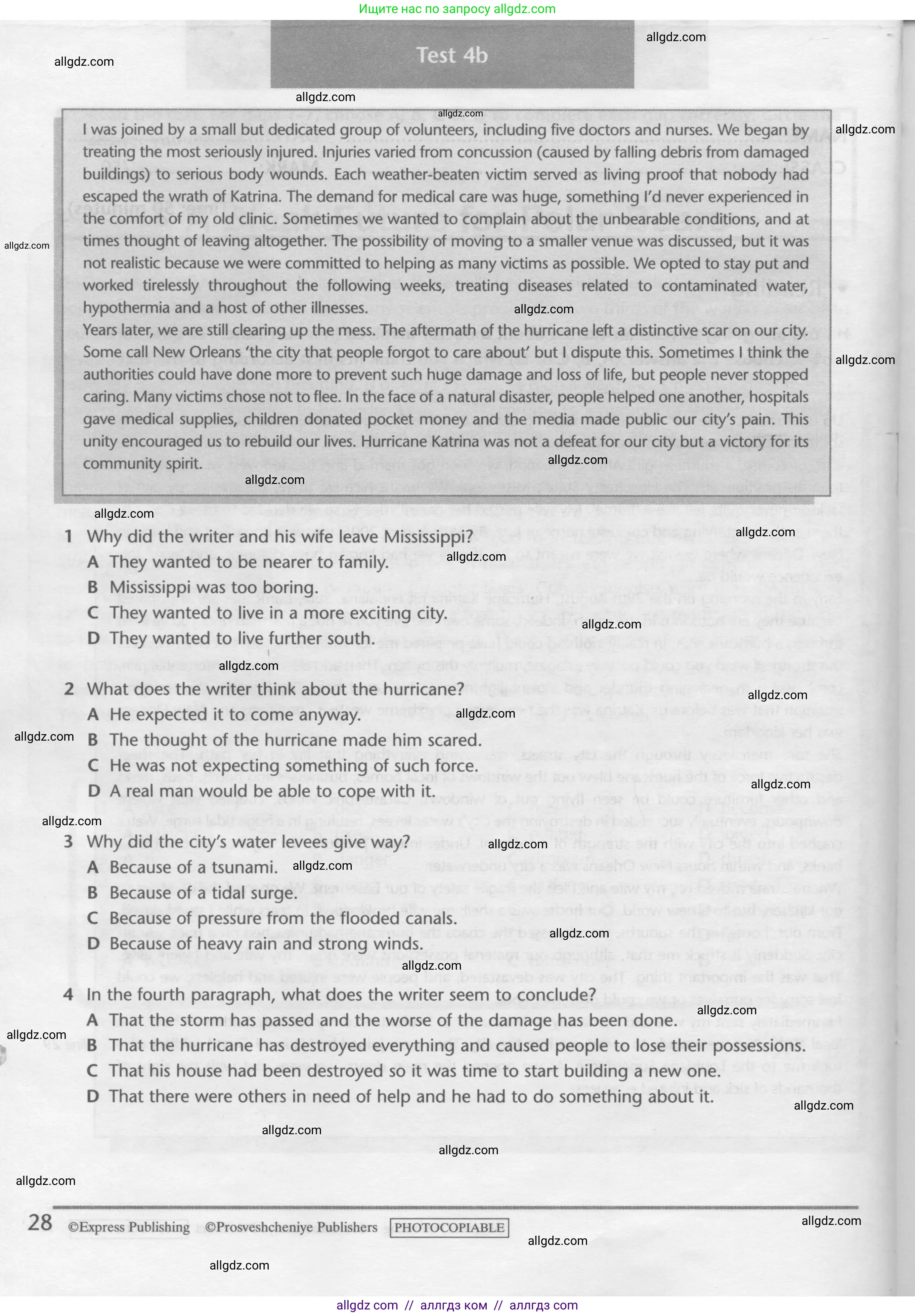 Английский язык (english), 10 класс контрольные задания (test booklet), авторы: Баранова Ксения Михайловна (Baranova Ksenia), Дули Дженни (Dooley Jenny), Копылова Виктория Викторовна (Kopylova Victoria), Мильруд Радислав Петрович (Millrood Radislav), Эванс Вирджиния (Evans Virginia), издательство Просвещение, Москва, 2019, серого цвета, страница 28