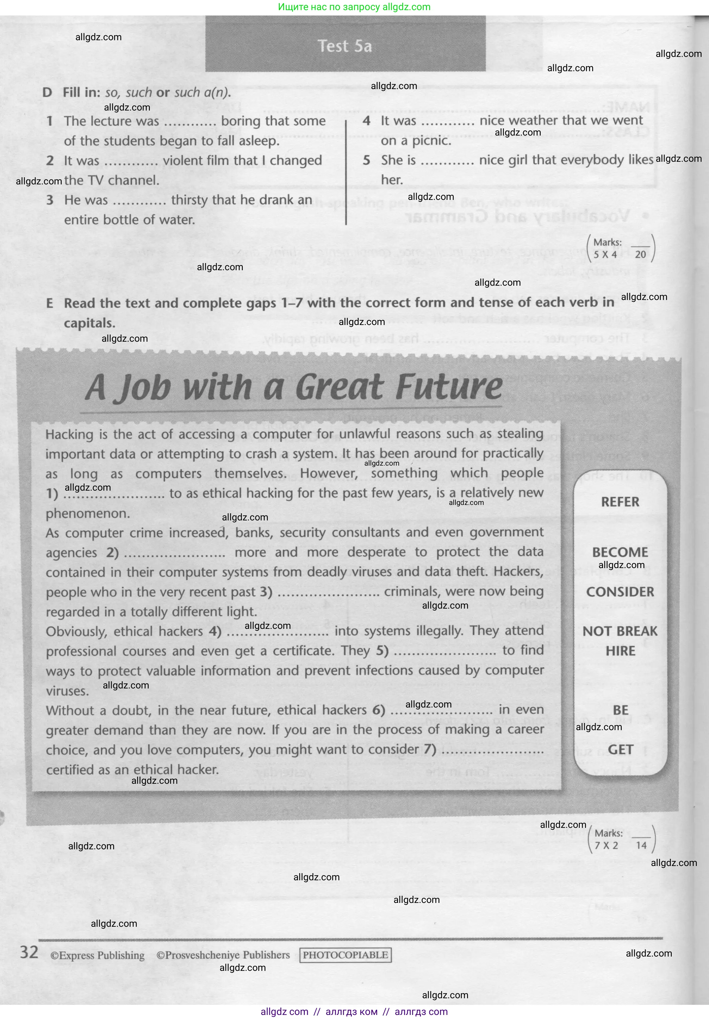 Английский язык (english), 10 класс контрольные задания (test booklet), авторы: Баранова Ксения Михайловна (Baranova Ksenia), Дули Дженни (Dooley Jenny), Копылова Виктория Викторовна (Kopylova Victoria), Мильруд Радислав Петрович (Millrood Radislav), Эванс Вирджиния (Evans Virginia), издательство Просвещение, Москва, 2019, серого цвета, страница 32