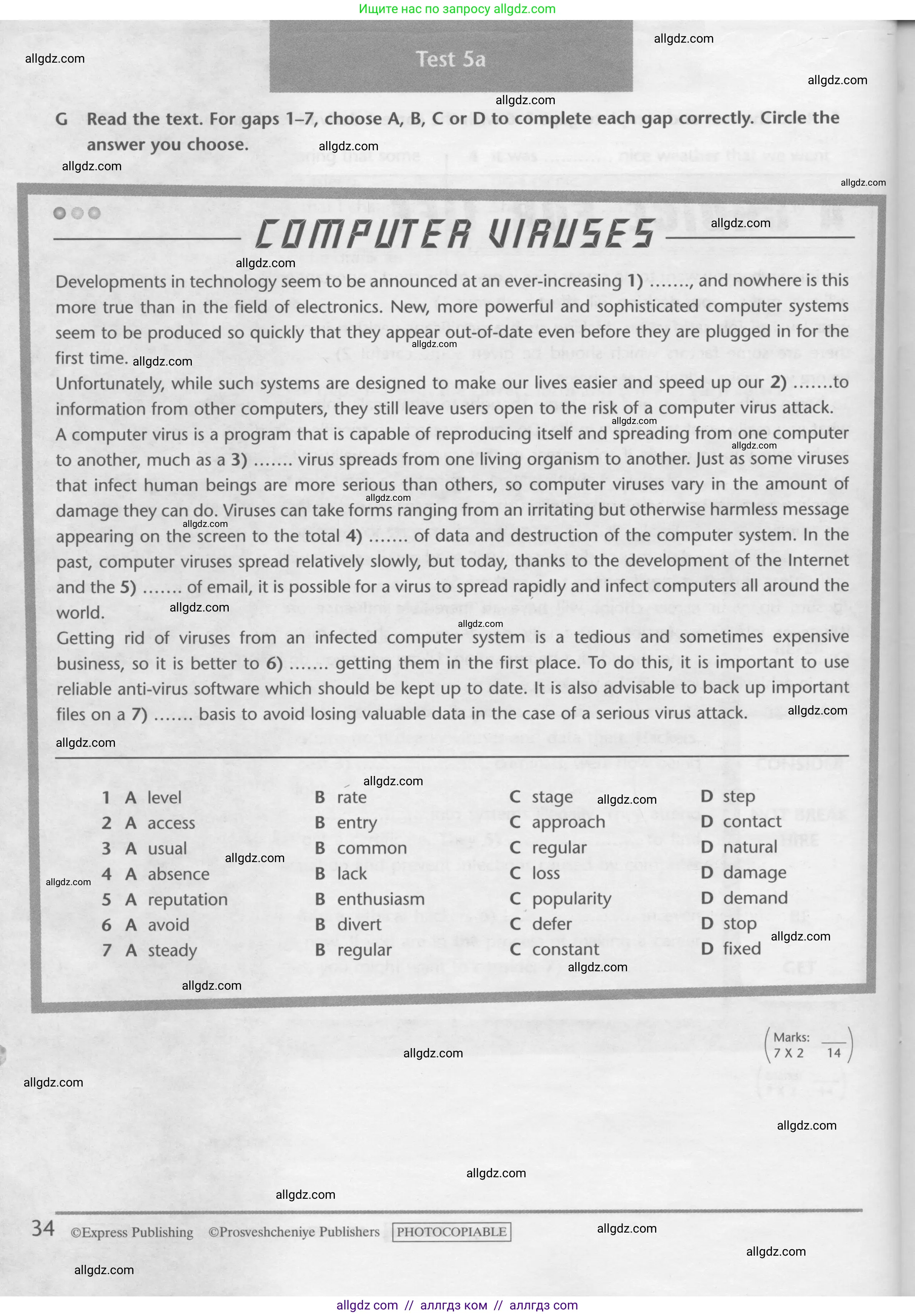 Английский язык (english), 10 класс контрольные задания (test booklet), авторы: Баранова Ксения Михайловна (Baranova Ksenia), Дули Дженни (Dooley Jenny), Копылова Виктория Викторовна (Kopylova Victoria), Мильруд Радислав Петрович (Millrood Radislav), Эванс Вирджиния (Evans Virginia), издательство Просвещение, Москва, 2019, серого цвета, страница 34