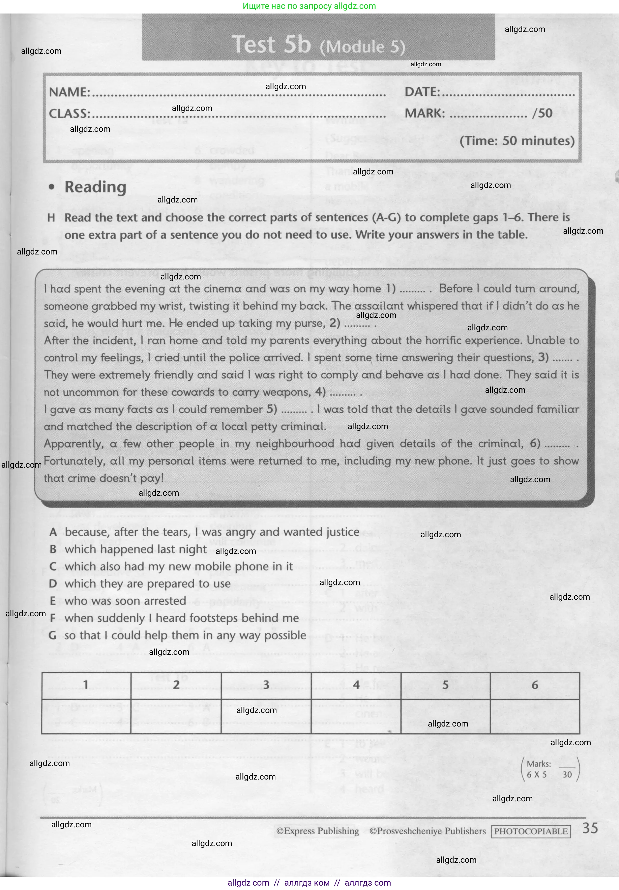 Английский язык (english), 10 класс контрольные задания (test booklet), авторы: Баранова Ксения Михайловна (Baranova Ksenia), Дули Дженни (Dooley Jenny), Копылова Виктория Викторовна (Kopylova Victoria), Мильруд Радислав Петрович (Millrood Radislav), Эванс Вирджиния (Evans Virginia), издательство Просвещение, Москва, 2019, серого цвета, страница 35