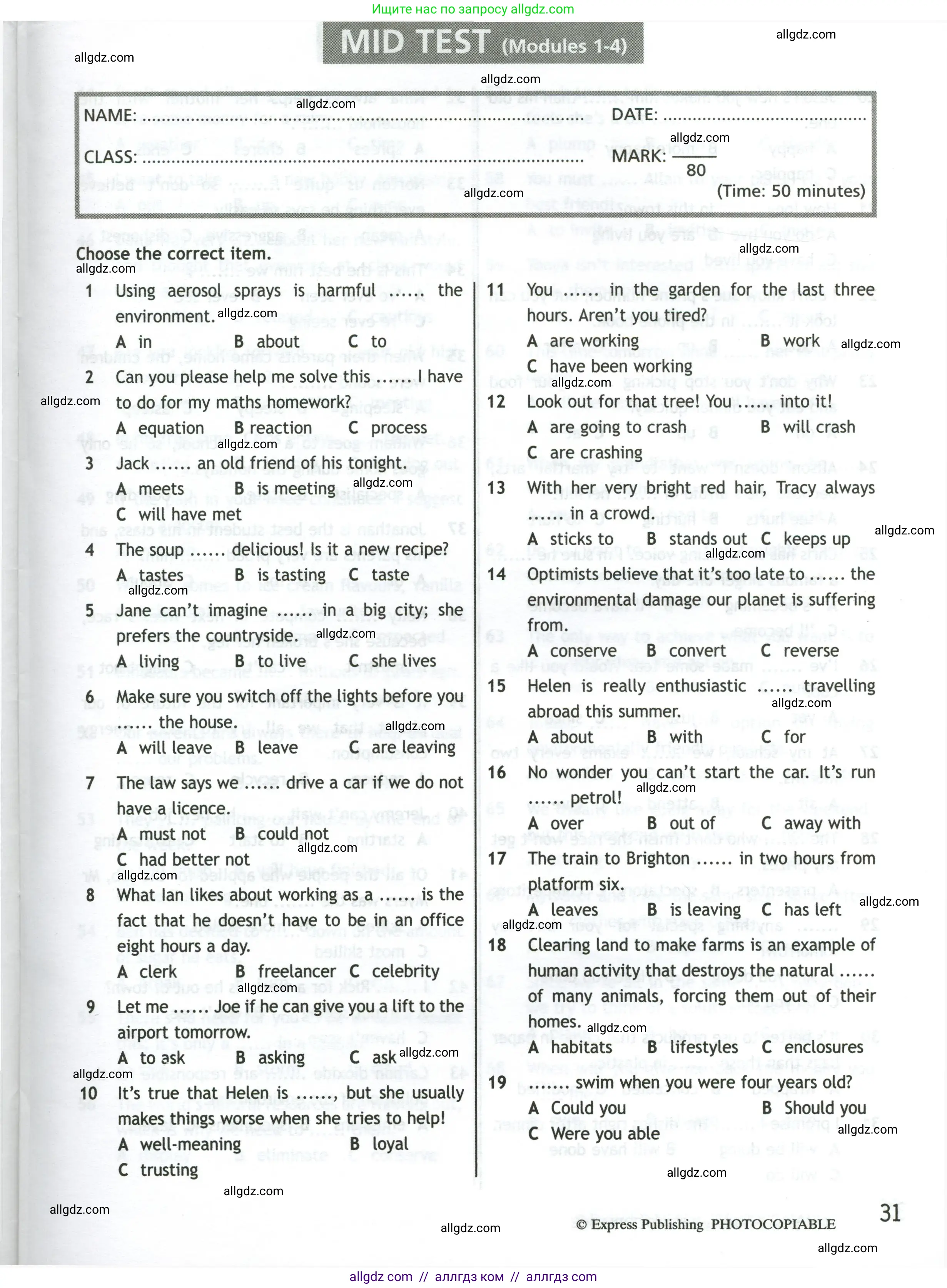 Английский язык (english), 10 класс контрольные задания (test booklet), авторы: Афанасьева Ольга Васильевна (Afanasyeva Olga), Дули Дженни (Dooley Jenny), Михеева Ирина Владимировна (Mikheeva Irina), Эванс Вирджиния (Evans Virginia), издательство Просвещение, Москва, 2019, красного цвета, страница 31