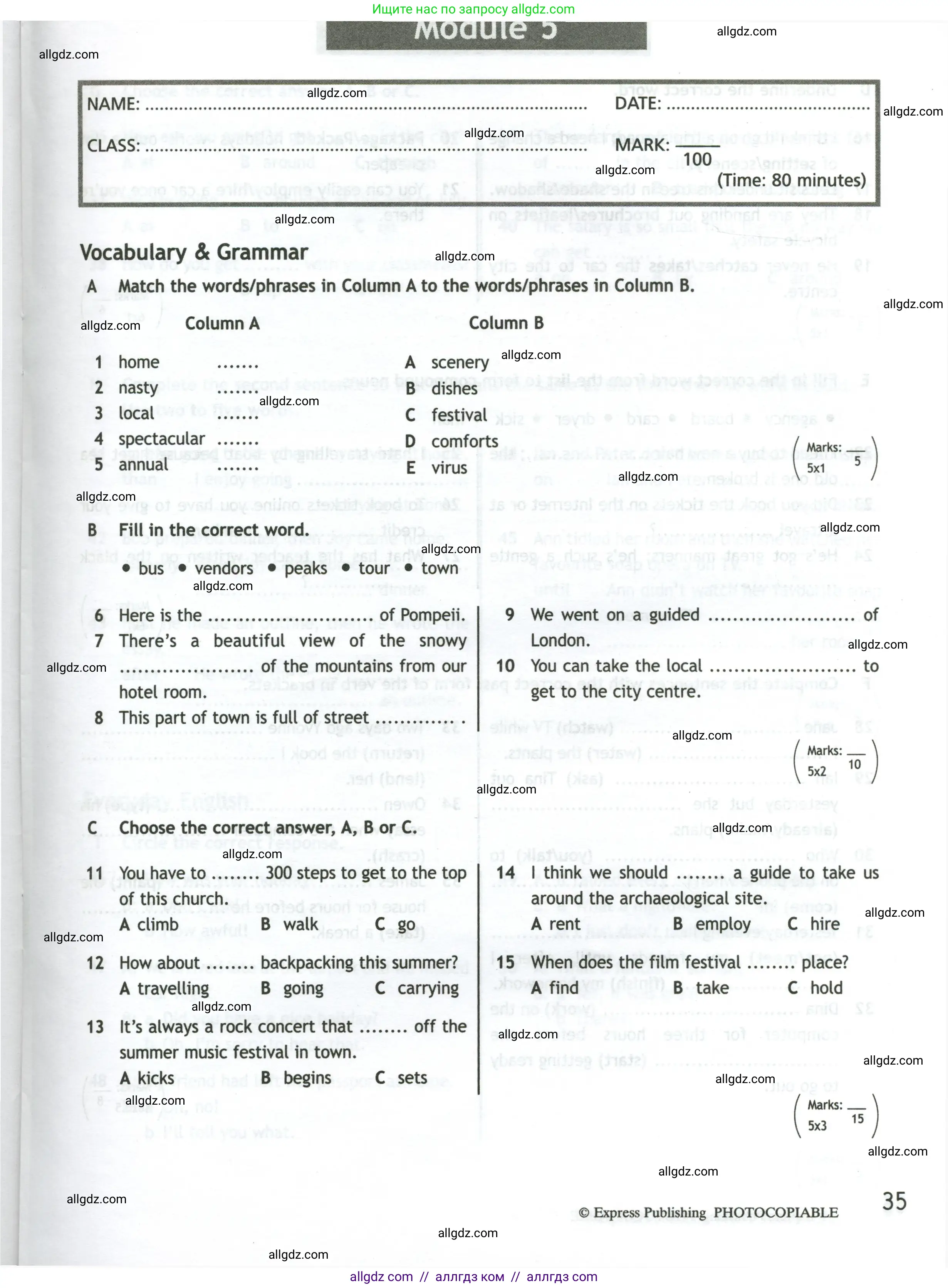 Английский язык (english), 10 класс контрольные задания (test booklet), авторы: Афанасьева Ольга Васильевна (Afanasyeva Olga), Дули Дженни (Dooley Jenny), Михеева Ирина Владимировна (Mikheeva Irina), Эванс Вирджиния (Evans Virginia), издательство Просвещение, Москва, 2019, красного цвета, страница 35