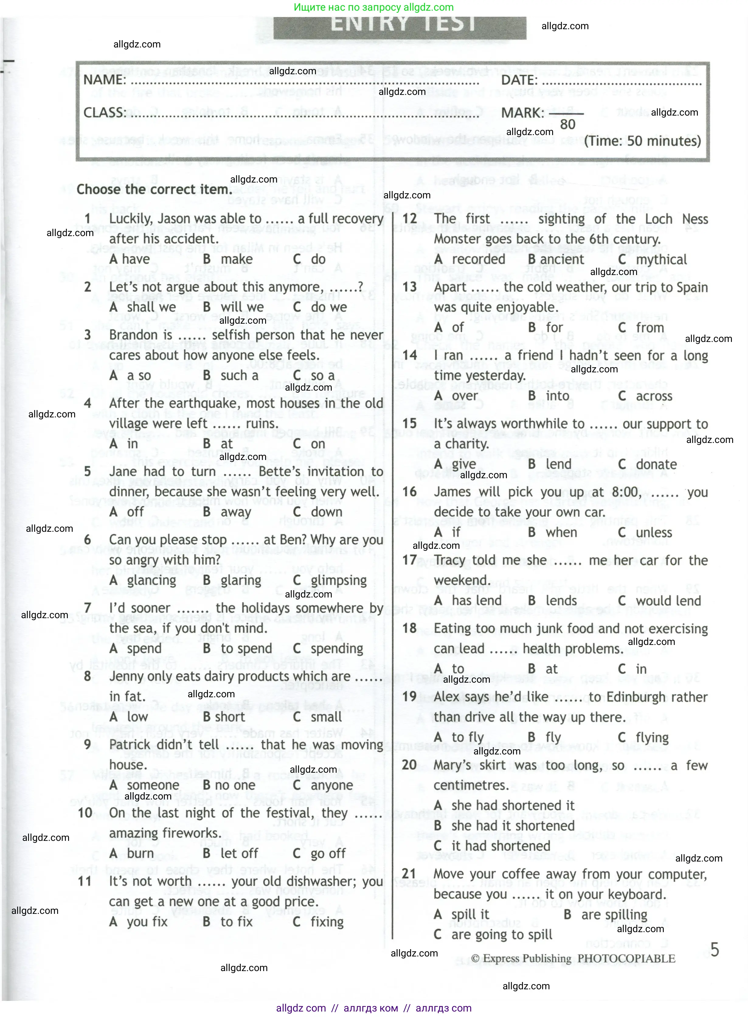 Английский язык (english), 10 класс контрольные задания (test booklet), авторы: Афанасьева Ольга Васильевна (Afanasyeva Olga), Дули Дженни (Dooley Jenny), Михеева Ирина Владимировна (Mikheeva Irina), Эванс Вирджиния (Evans Virginia), издательство Просвещение, Москва, 2019, красного цвета, страница 5