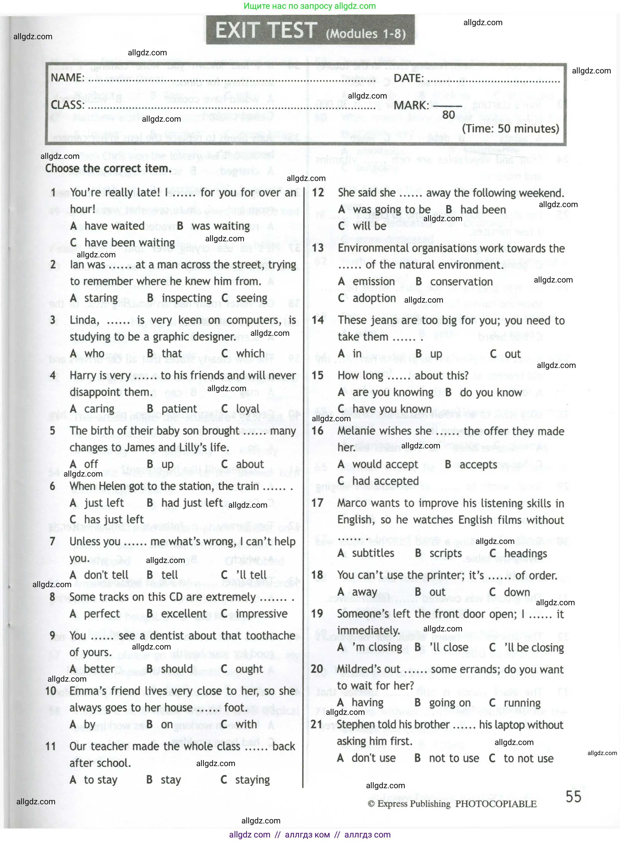 Английский язык (english), 10 класс контрольные задания (test booklet), авторы: Афанасьева Ольга Васильевна (Afanasyeva Olga), Дули Дженни (Dooley Jenny), Михеева Ирина Владимировна (Mikheeva Irina), Эванс Вирджиния (Evans Virginia), издательство Просвещение, Москва, 2019, красного цвета, страница 55