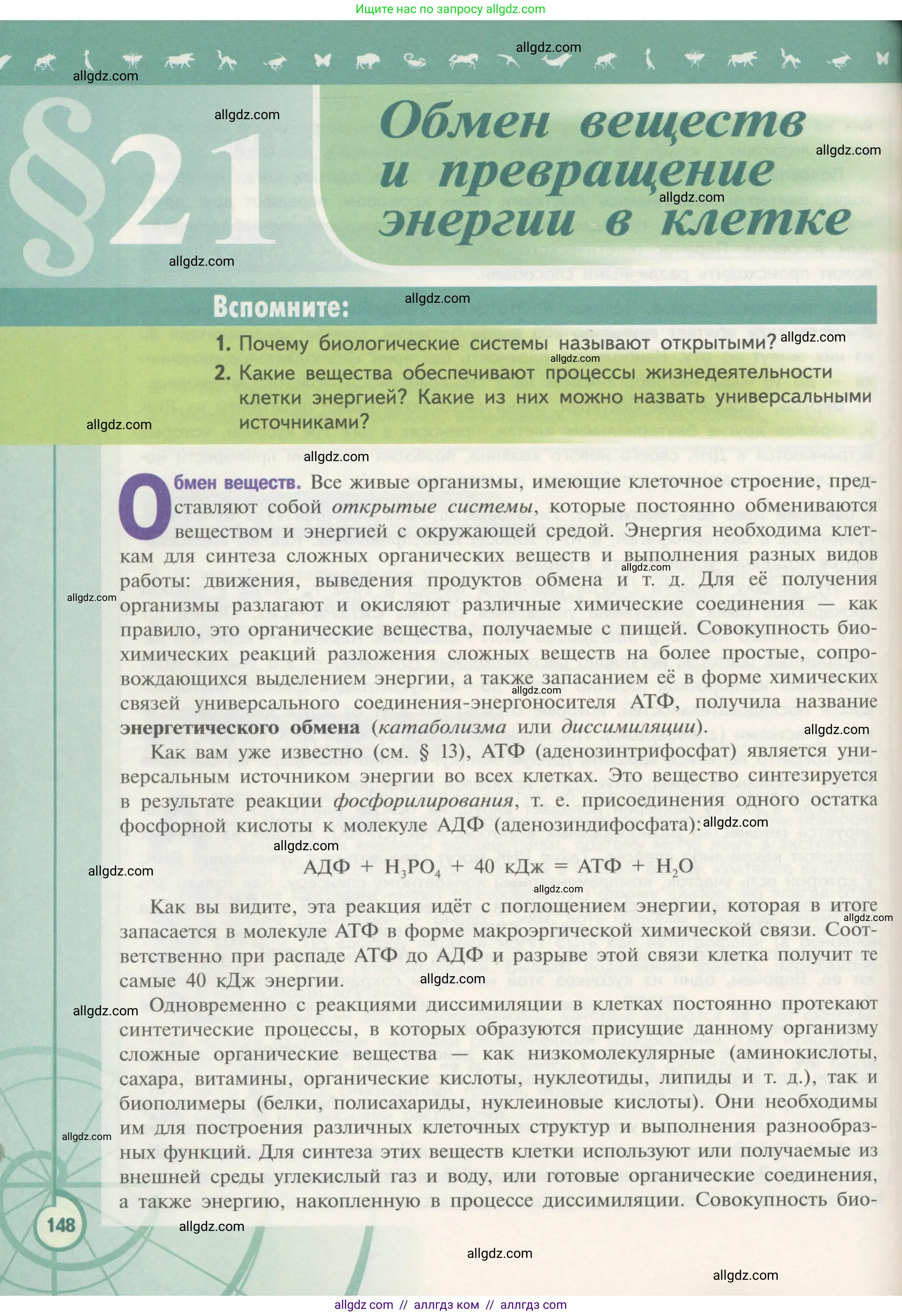 Биология, 10 класс Учебник, авторы: Пасечник Владимир Васильевич, Каменский Андрей Александрович, Рубцов Александр Михайлович, Швецов Глеб Геннадьевич, Гапонюк Зоя Георгиевна, издательство Просвещение, Москва, 2018, зелёного цвета, страница 148