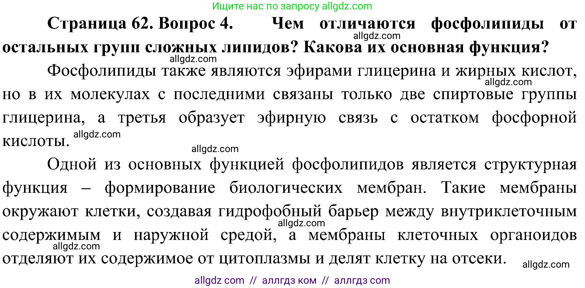 Биология, 10 класс Учебник, авторы: Пасечник Владимир Васильевич, Каменский Андрей Александрович, Рубцов Александр Михайлович, Швецов Глеб Геннадьевич, Гапонюк Зоя Георгиевна, издательство Просвещение, Москва, 2018, зелёного цвета, страница 62, номер 4, Решение