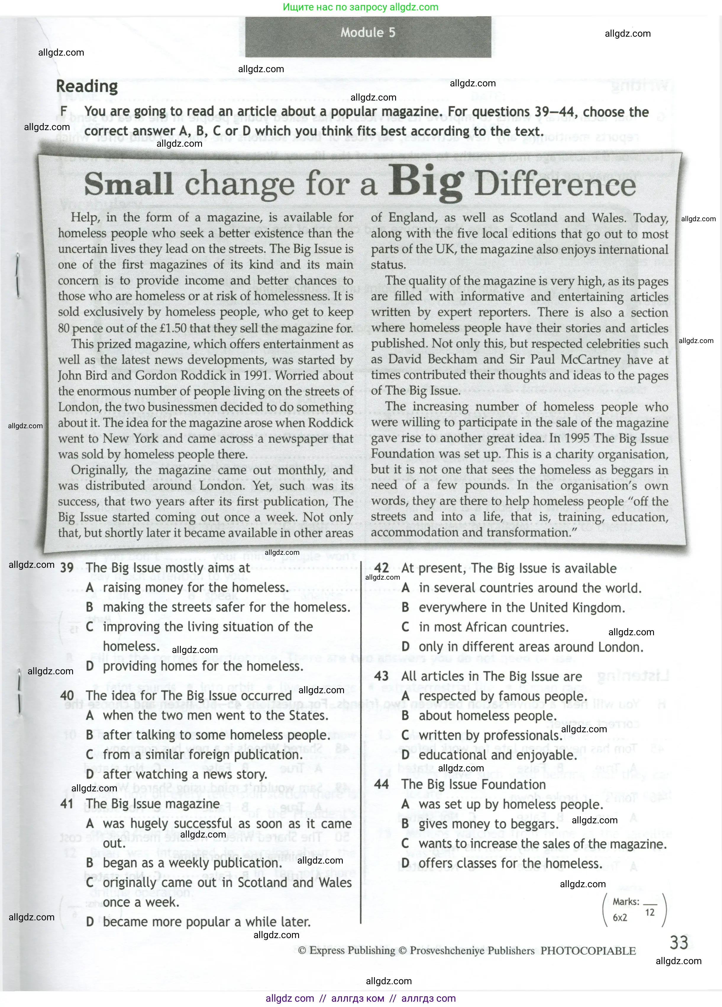 Английский язык (english), 11 класс контрольные задания (test booklet), авторы: Афанасьева Ольга Васильевна (Afanasyeva Olga), Дули Дженни (Dooley Jenny), Михеева Ирина Владимировна (Mikheeva Irina), Эванс Вирджиния (Evans Virginia), издательство Просвещение, Москва, 2019, сиреневого цвета, страница 33