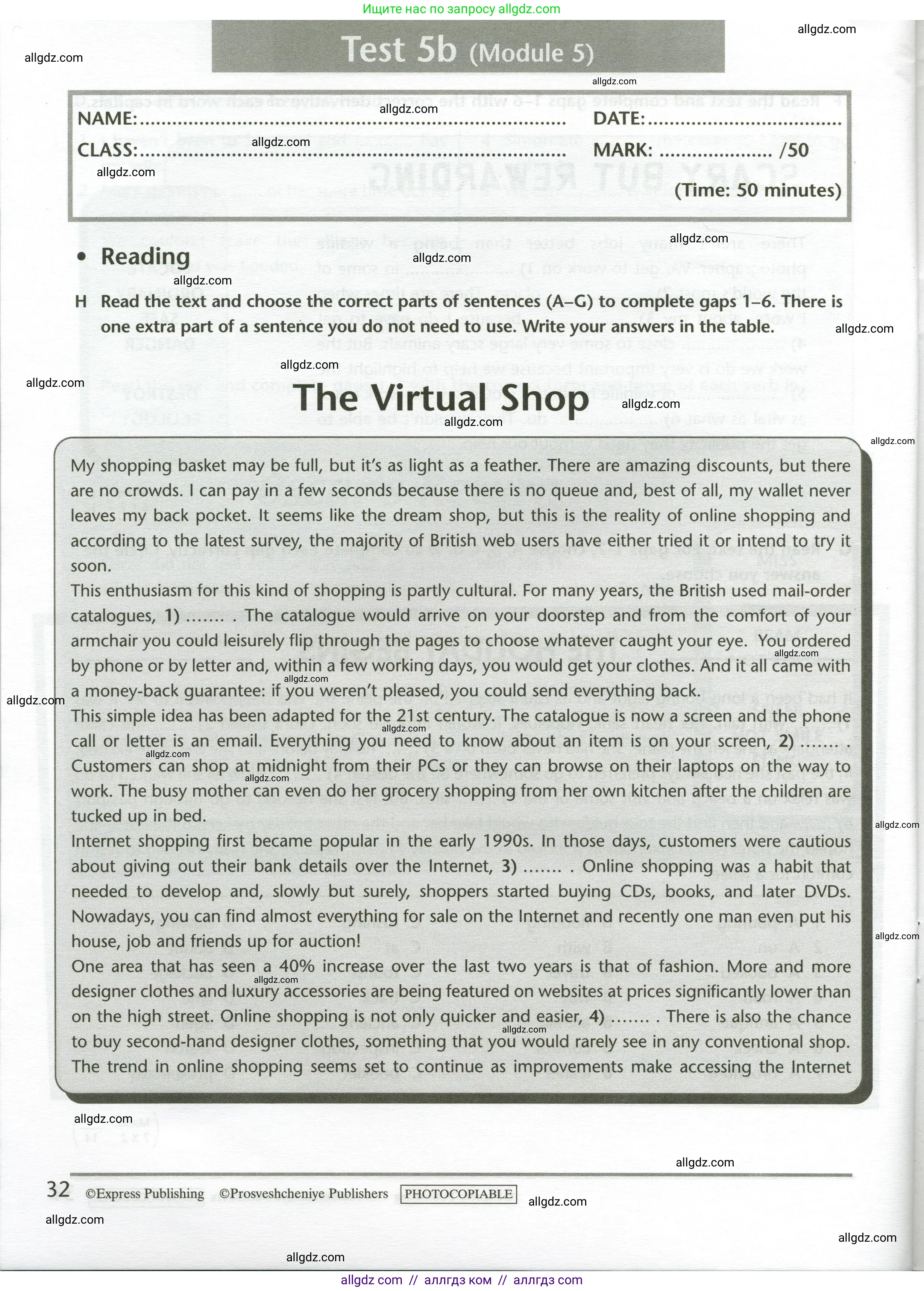 Английский язык (english), 11 класс контрольные задания (test booklet), авторы: Баранова Ксения Михайловна (Baranova Ksenia), Дули Дженни (Dooley Jenny), Копылова Виктория Викторовна (Kopylova Victoria), Мильруд Радислав Петрович (Millrood Radislav), Эванс Вирджиния (Evans Virginia), издательство Просвещение, Москва, 2019, серого цвета, страница 32