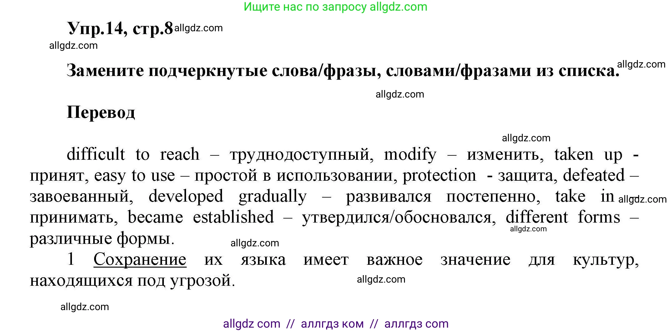 Английский язык (english), 11 класс Лексический практикум (vocabulary practice), авторы: Баранова Ксения Михайловна (Baranova Ksenia), Дули Дженни (Dooley Jenny), Копылова Виктория Викторовна (Kopylova Victoria), Мильруд Радислав Петрович (Millrood Radislav), Эванс Вирджиния (Evans Virginia), издательство Просвещение, Москва, 2019, серого цвета, страница 8, номер 14, Решение 1