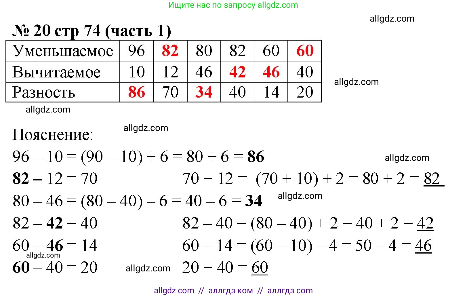 Математика, 2 класс Учебник, авторы: Моро Мария Игнатьевна, Бантова Мария Александровна, Бельтюкова Галина Васильевна, Волкова Светлана Ивановна, Степанова Светлана Вячеславовна, издательство Просвещение, Москва, 2023, белого цвета, Часть 1, страница 74, номер 20, Решение