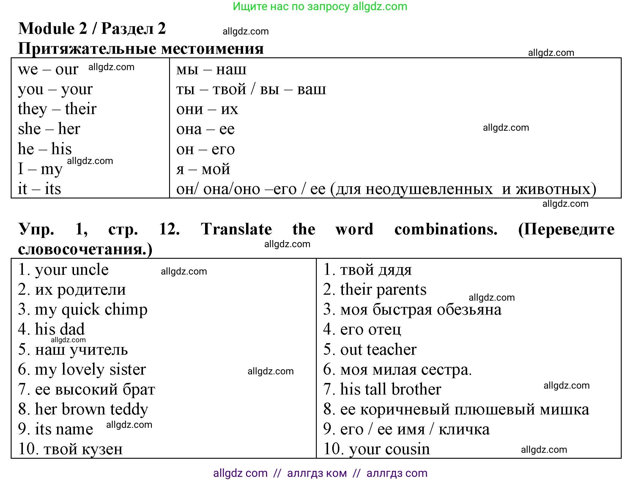 Английский язык (english), 3 класс Грамматический тренажёр, автор: Юшина Дарья Генадьевна, издательство Просвещение, Москва, 2023, салатового цвета, страница 12, номер 1, Решение