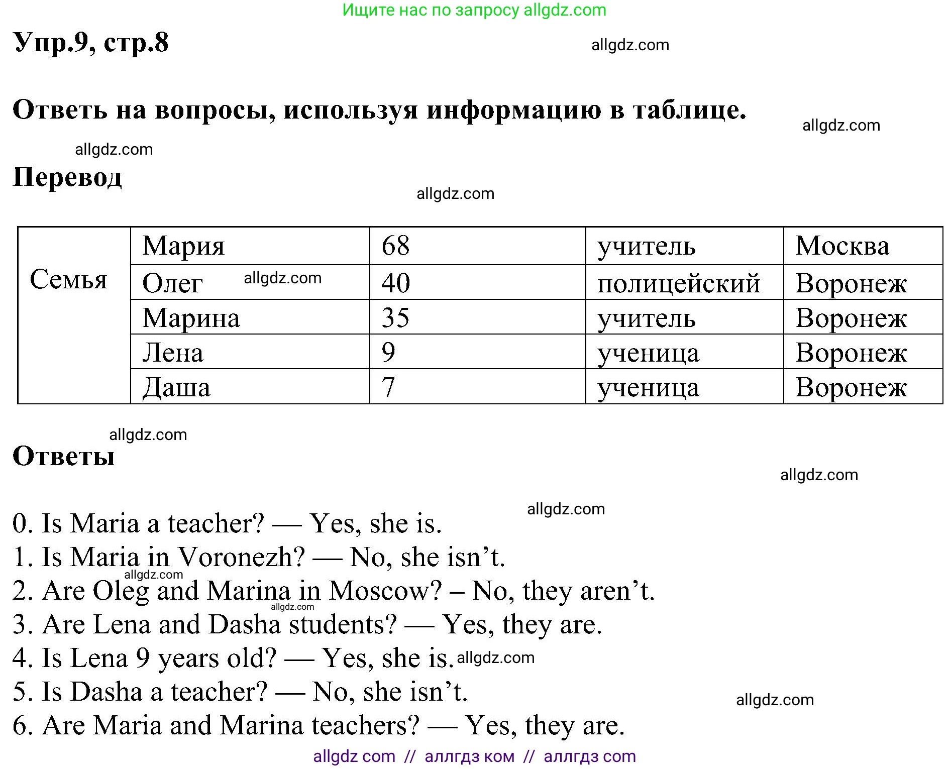 Английский язык (english), 3 класс сборник грамматических упражнений, автор: Рязанцева Светлана Борисовна, издательство Просвещение, Москва, 2024, белого цвета, страница 8, номер 9, Решение