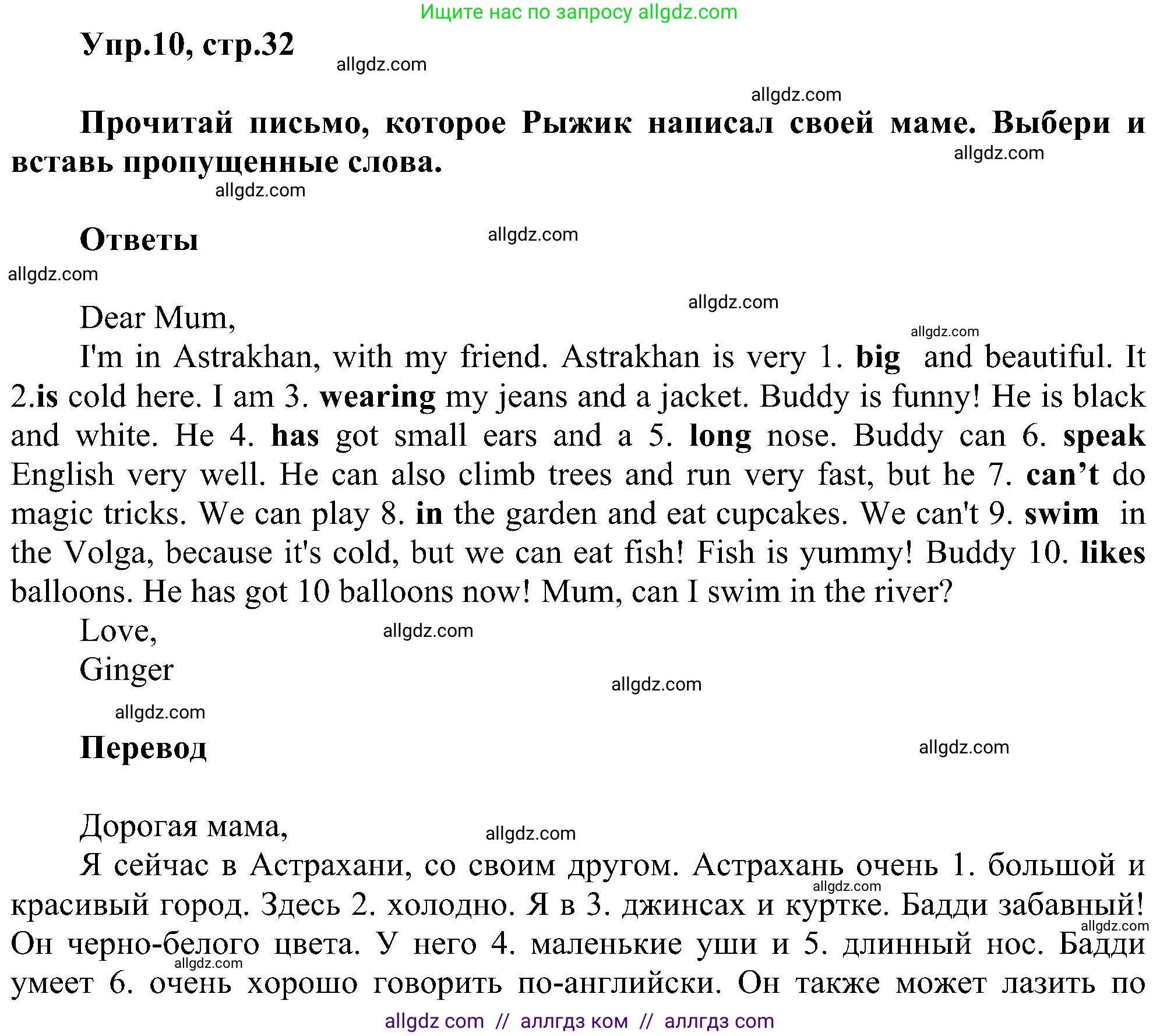Английский язык (english), 3 класс сборник грамматических упражнений, автор: Рязанцева Светлана Борисовна, издательство Просвещение, Москва, 2024, белого цвета, страница 32, номер 10, Решение