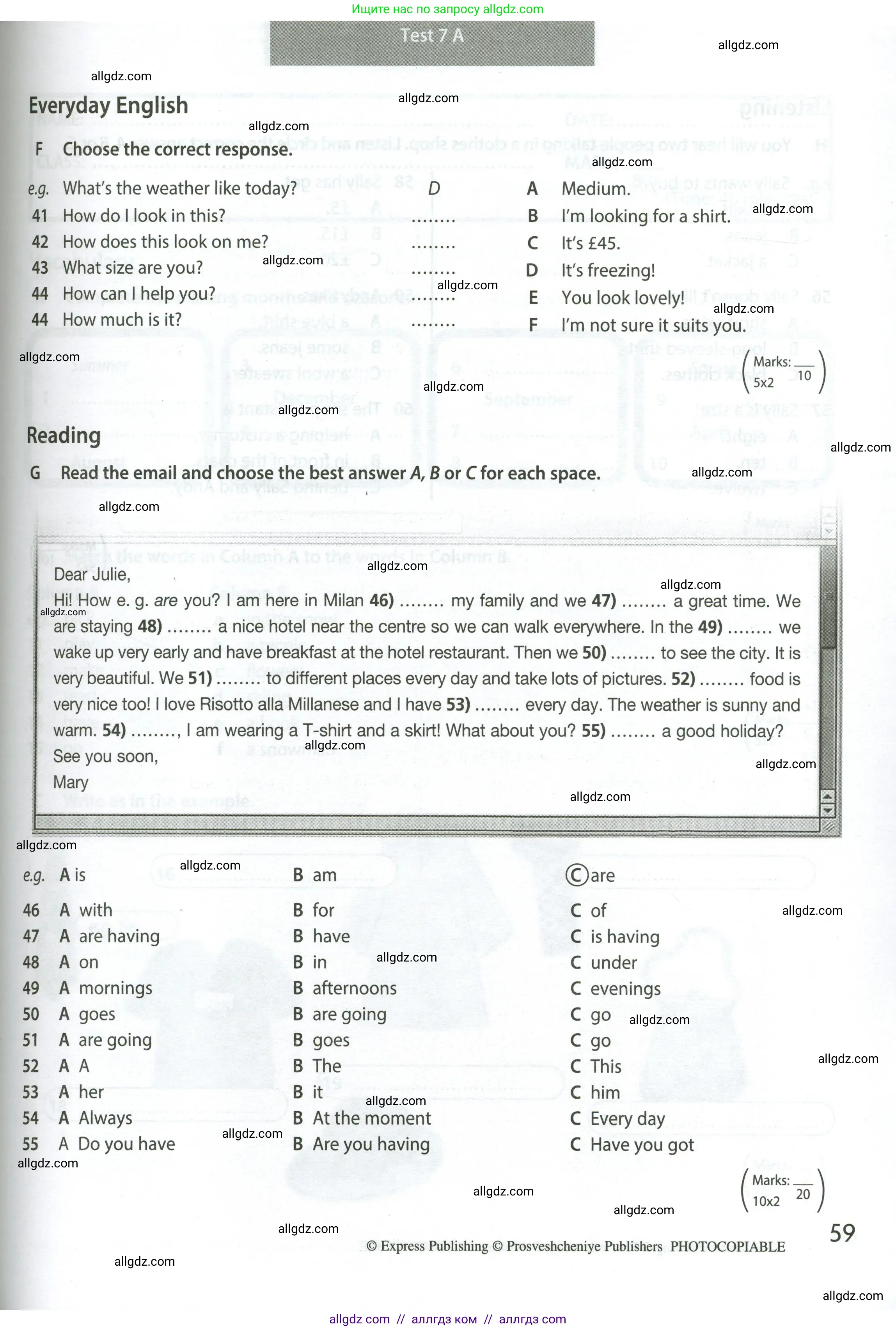 Английский язык (english), 5 класс контрольные задания (test booklet), авторы: Ваулина Юлия Евгеньевна (Vaulina Julia), Дули Дженни (Dooley Jenny), Подоляко Ольга Евгеньевна (Podolyako Olga), Эванс Вирджиния (Evans Virginia), издательство Просвещение, Москва, 2023, белого цвета, страница 59