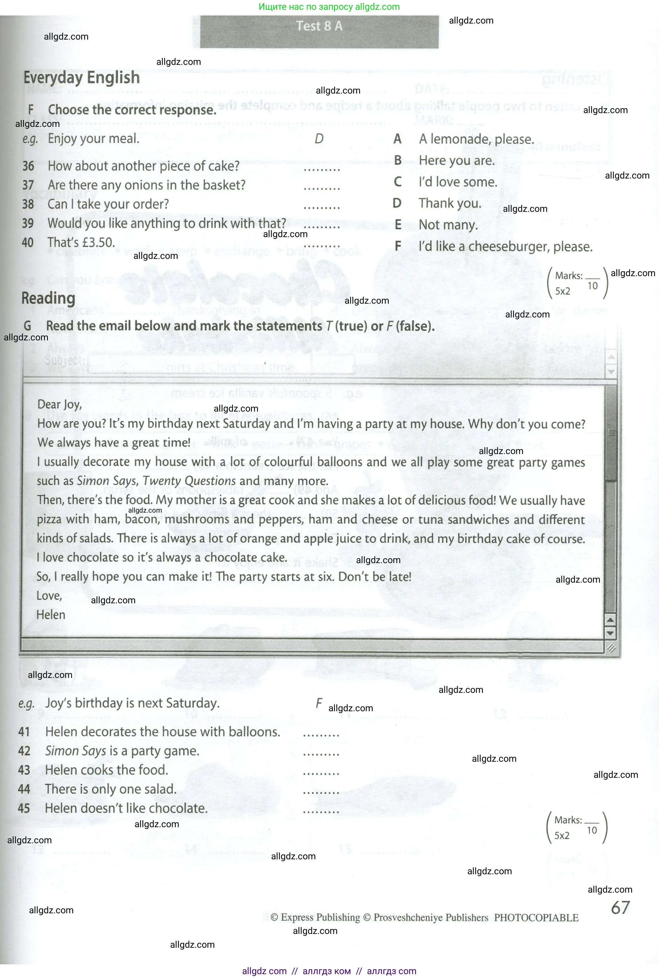 Английский язык (english), 5 класс контрольные задания (test booklet), авторы: Ваулина Юлия Евгеньевна (Vaulina Julia), Дули Дженни (Dooley Jenny), Подоляко Ольга Евгеньевна (Podolyako Olga), Эванс Вирджиния (Evans Virginia), издательство Просвещение, Москва, 2023, белого цвета, страница 67