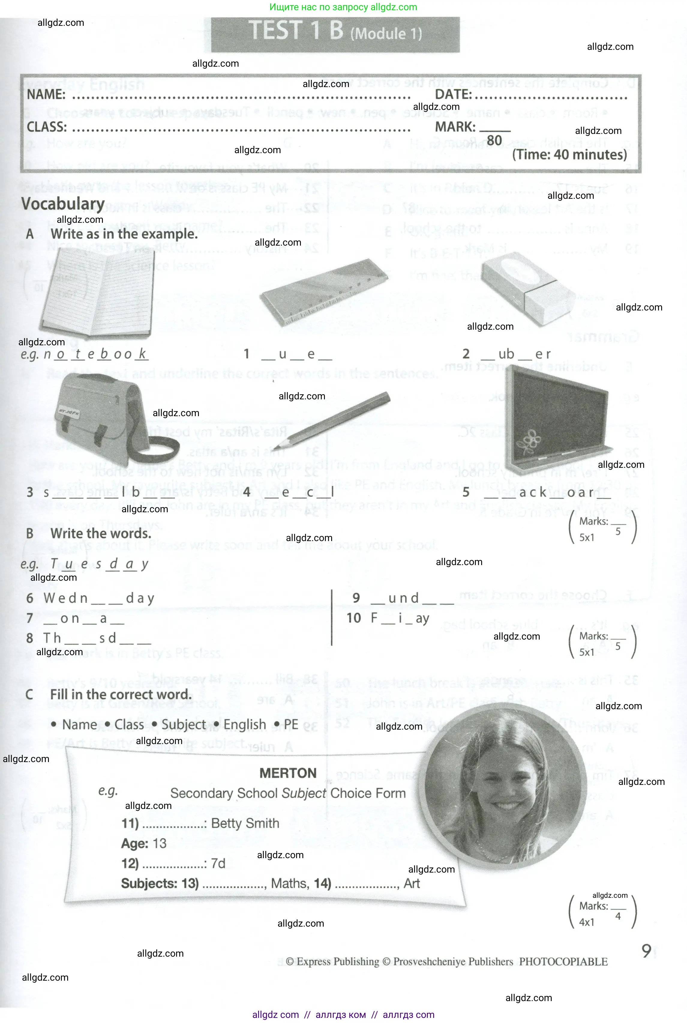 Английский язык (english), 5 класс контрольные задания (test booklet), авторы: Ваулина Юлия Евгеньевна (Vaulina Julia), Дули Дженни (Dooley Jenny), Подоляко Ольга Евгеньевна (Podolyako Olga), Эванс Вирджиния (Evans Virginia), издательство Просвещение, Москва, 2023, белого цвета, страница 9
