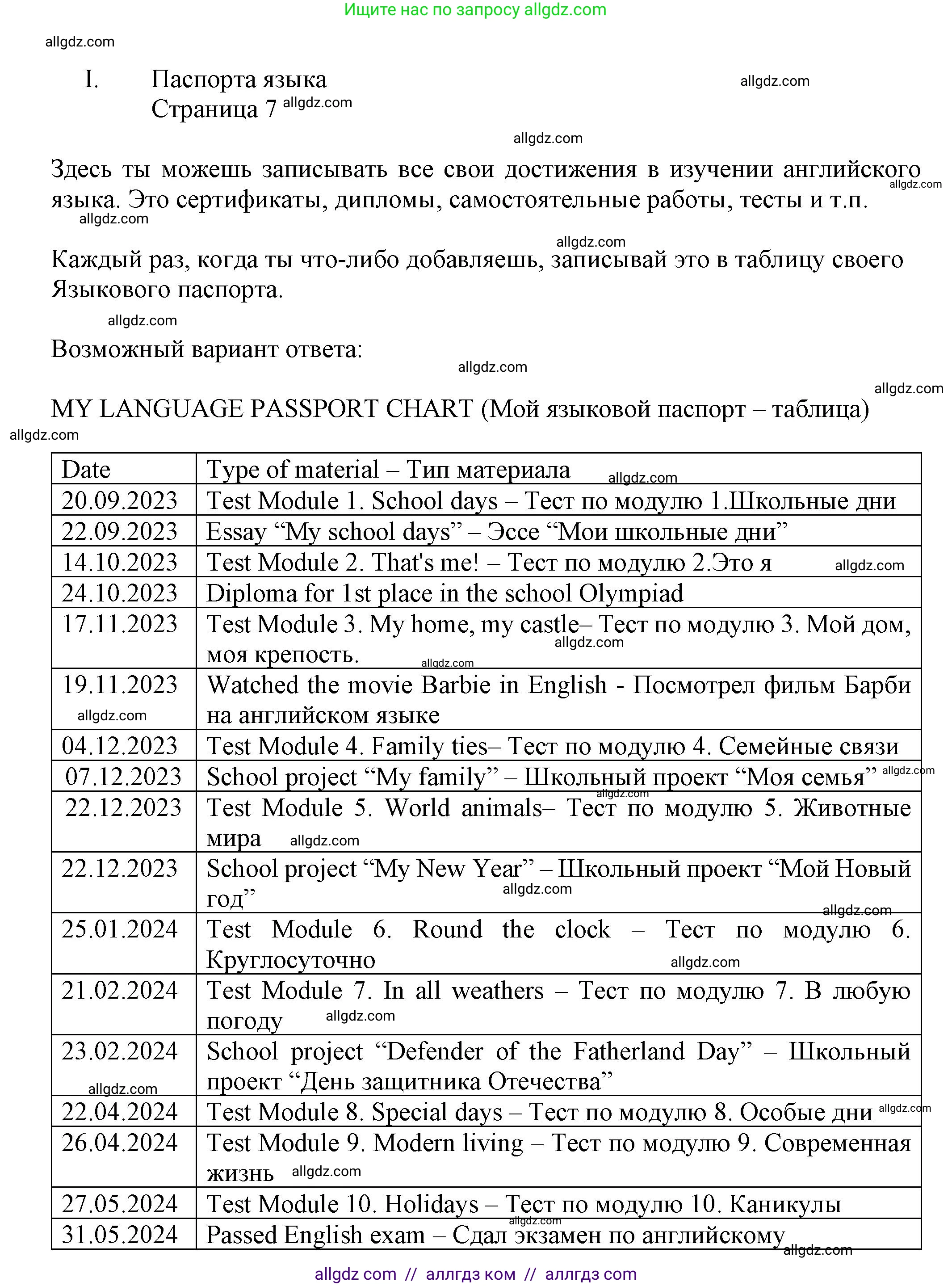 Английский язык (english), 5 класс Языковой портфель (my language portfolio), авторы: Ваулина Юлия Евгеньевна (Vaulina Julia), Дули Дженни (Dooley Jenny), Подоляко Ольга Евгеньевна (Podolyako Olga), Эванс Вирджиния (Evans Virginia), издательство Просвещение, Москва, 2011, серого цвета, страница 7, Решение