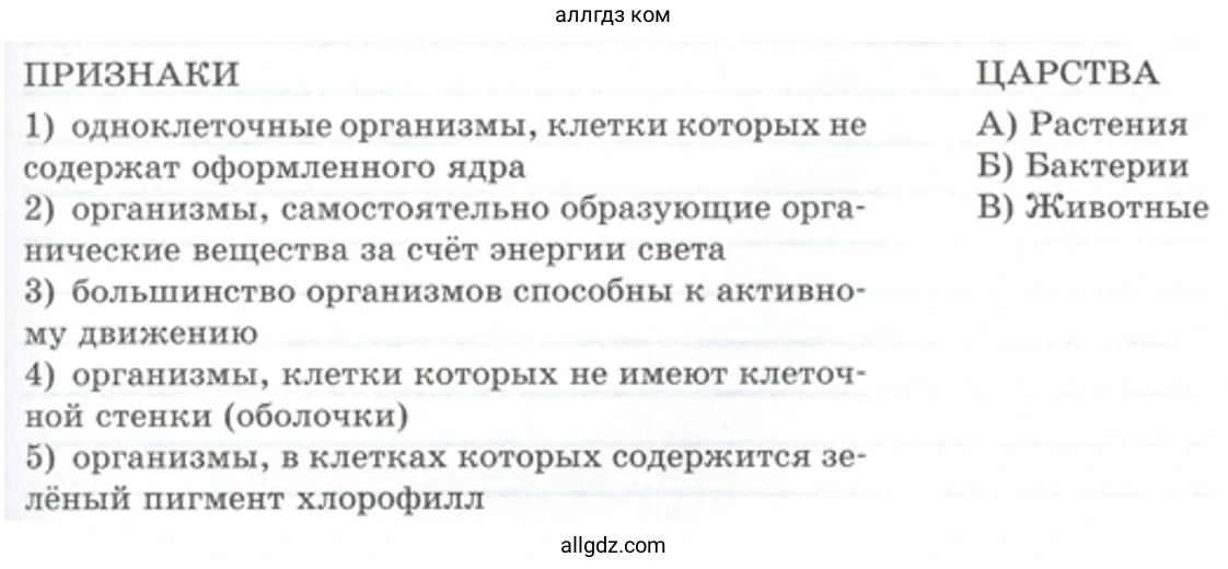 Установите соответствие между отличительным признаком организма и названием царства - биология 5 класс Пасечник Рабочая тетрадь