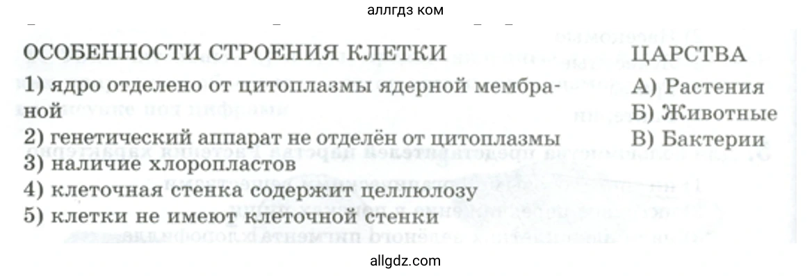 Установите соответствие между особенностями строения клетки и царством живой природы. - биология 5 класс Пасечник Рабочая тетрадь