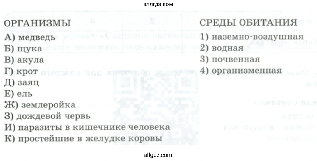 Установите соответствие между организмами и их средой обитания. - биология 5 класс Пасечник Рабочая тетрадь