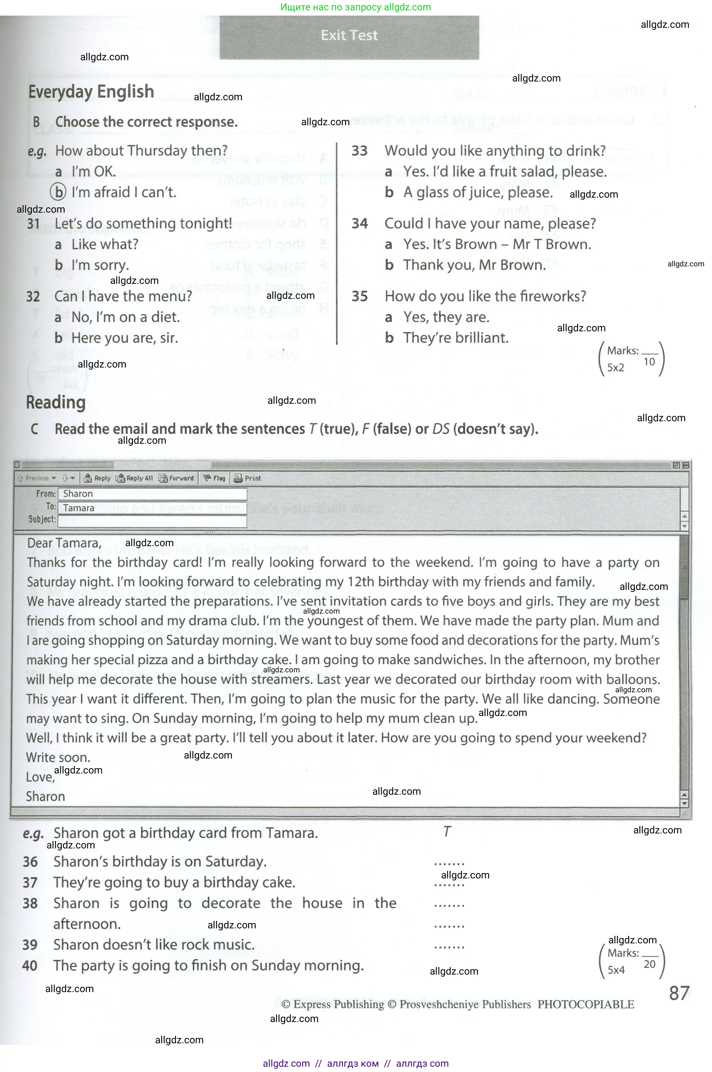 Английский язык (english), 6 класс контрольные задания (test booklet), авторы: Ваулина Юлия Евгеньевна (Vaulina Julia), Дули Дженни (Dooley Jenny), Подоляко Ольга Евгеньевна (Podolyako Olga), Эванс Вирджиния (Evans Virginia), издательство Просвещение, Москва, 2023, зелёного цвета, страница 87