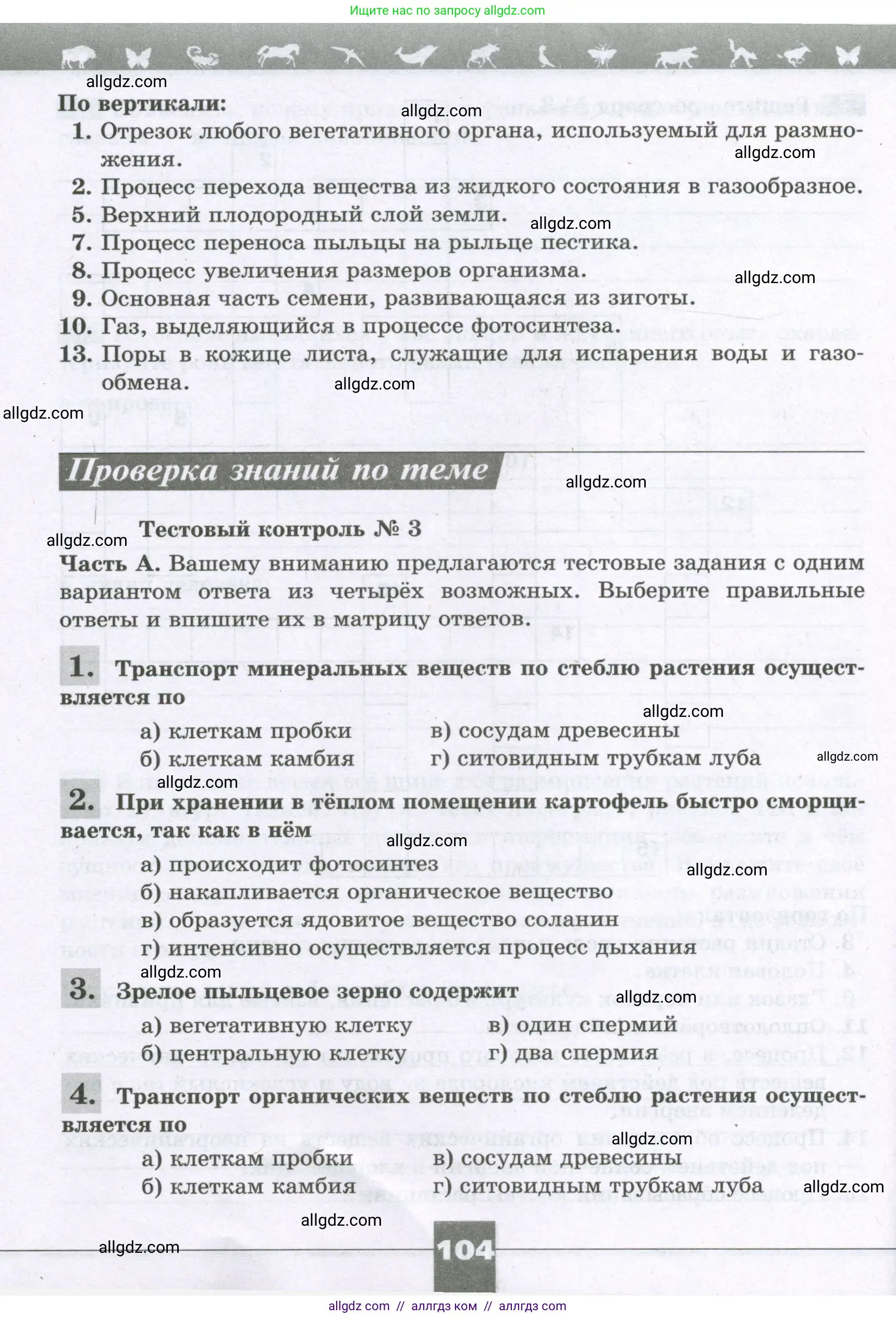 Биология, 6 класс рабочая тетрадь, авторы: Пасечник Владимир Васильевич, Суматохин Сергей Витальевич, Швецов Глеб Геннадьевич, Гапонюк Зоя Георгиевна, Косарькова Марина Викторовна, издательство Просвещение, Москва, 2023, белого цвета, страница 104