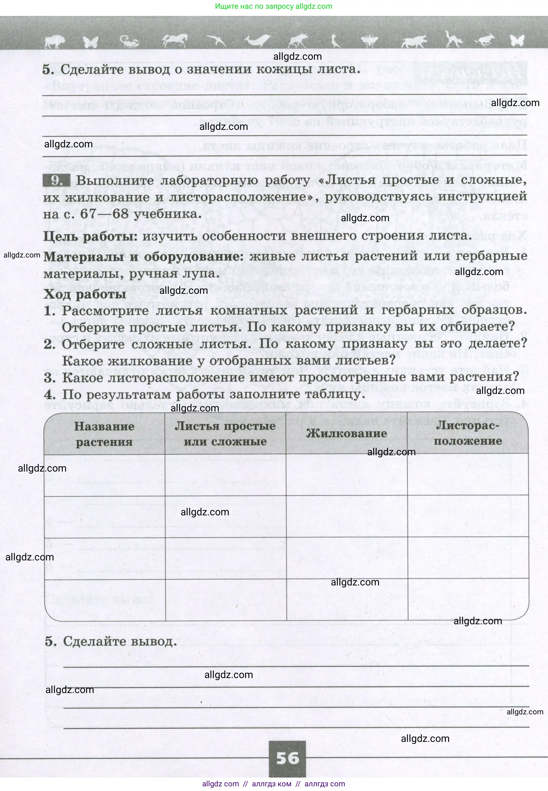 Биология, 6 класс рабочая тетрадь, авторы: Пасечник Владимир Васильевич, Суматохин Сергей Витальевич, Швецов Глеб Геннадьевич, Гапонюк Зоя Георгиевна, Косарькова Марина Викторовна, издательство Просвещение, Москва, 2023, белого цвета, страница 56