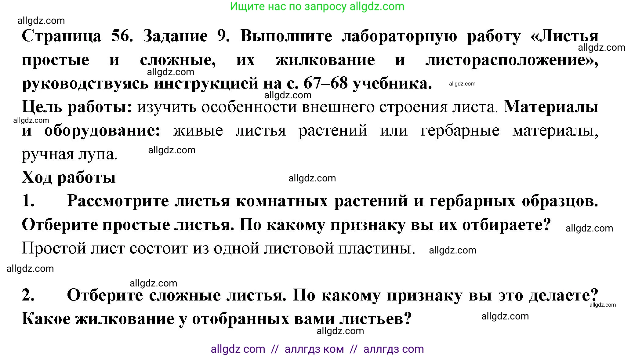 Биология, 6 класс рабочая тетрадь, авторы: Пасечник Владимир Васильевич, Суматохин Сергей Витальевич, Швецов Глеб Геннадьевич, Гапонюк Зоя Георгиевна, Косарькова Марина Викторовна, издательство Просвещение, Москва, 2023, белого цвета, страница 56, номер 9, Решение