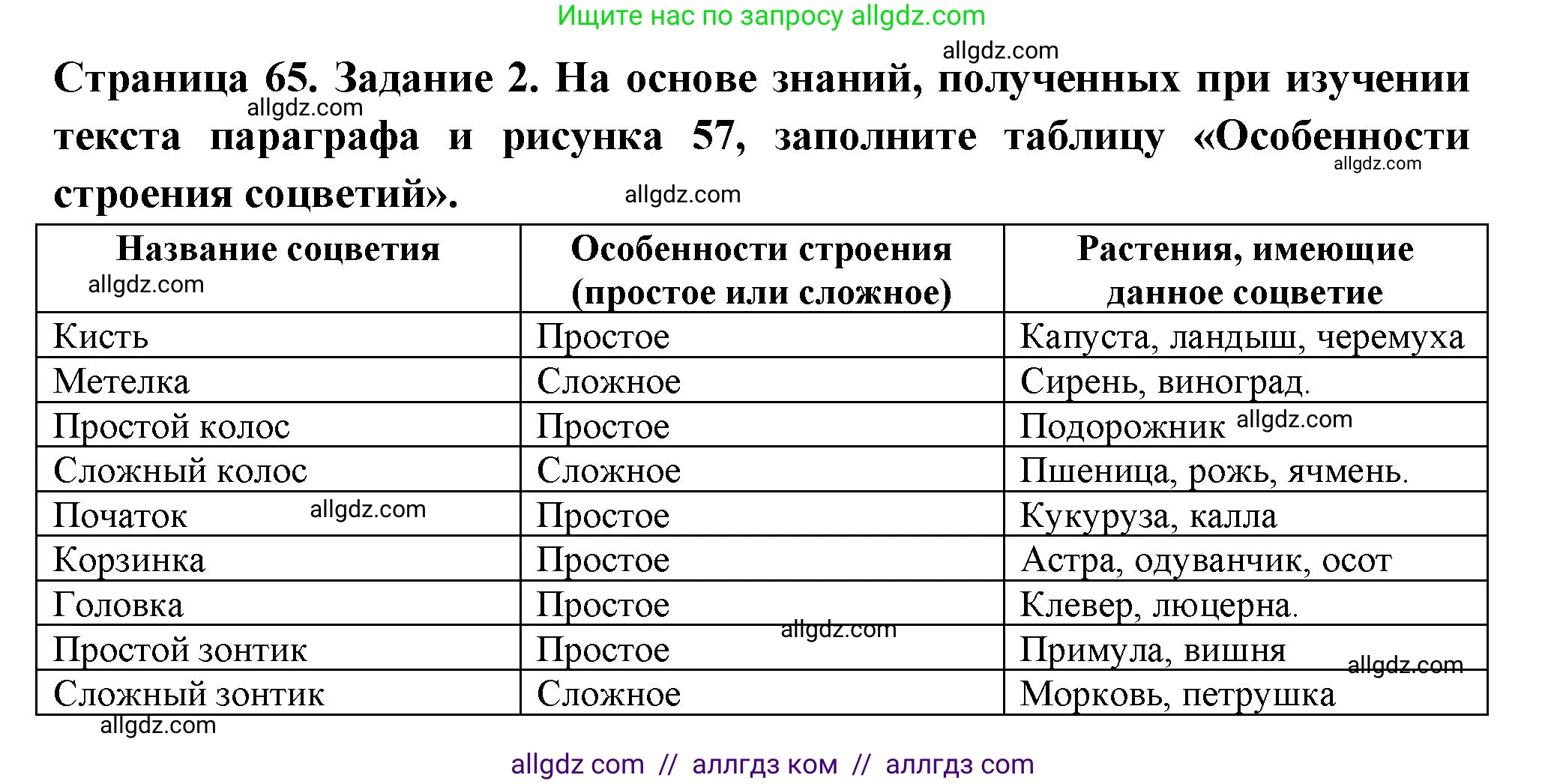Биология, 6 класс рабочая тетрадь, авторы: Пасечник Владимир Васильевич, Суматохин Сергей Витальевич, Швецов Глеб Геннадьевич, Гапонюк Зоя Георгиевна, Косарькова Марина Викторовна, издательство Просвещение, Москва, 2023, белого цвета, страница 65, номер 2, Решение