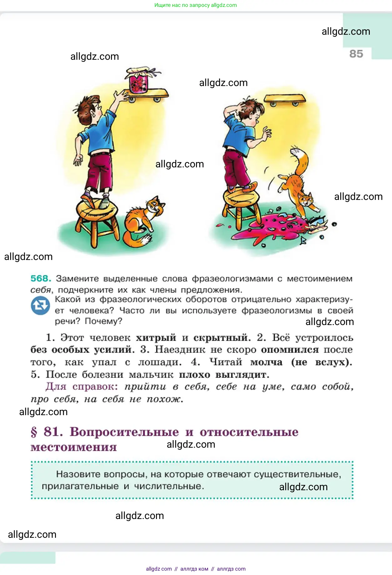 Русский язык, 6 класс Учебник, авторы: Баранов Михаил Трофимович, Ладыженская Таиса Алексеевна, Тростенцова Лидия Александровна, Ладыженская Наталия Вениаминовна, Дейкина Алевтина Дмитриевна, Антонова Любовь Геннадиевна, Григорян Лариса Трофимовна, Кулибаба Иван Иванович, издательство Просвещение, Москва, 2023, салатового цвета, Часть 2, страница 85