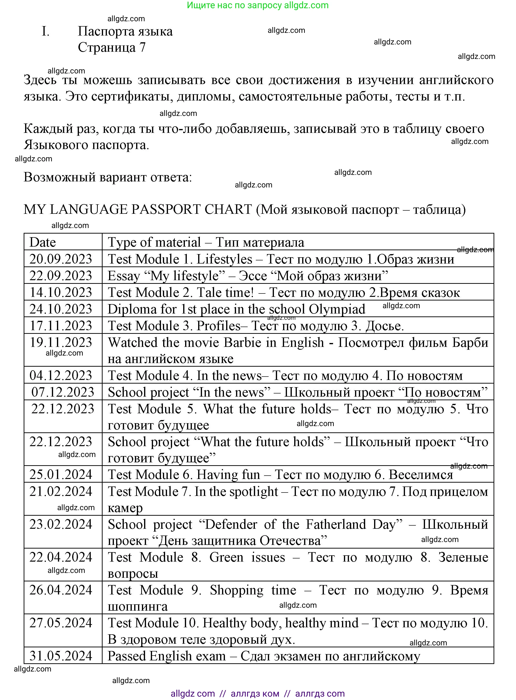 Английский язык (english), 7 класс Языковой портфель (my language portfolio), авторы: Ваулина Юлия Евгеньевна (Vaulina Julia), Дули Дженни (Dooley Jenny), Подоляко Ольга Евгеньевна (Podolyako Olga), Эванс Вирджиния (Evans Virginia), издательство Просвещение, Москва, 2018, серого цвета, страница 7, Решение