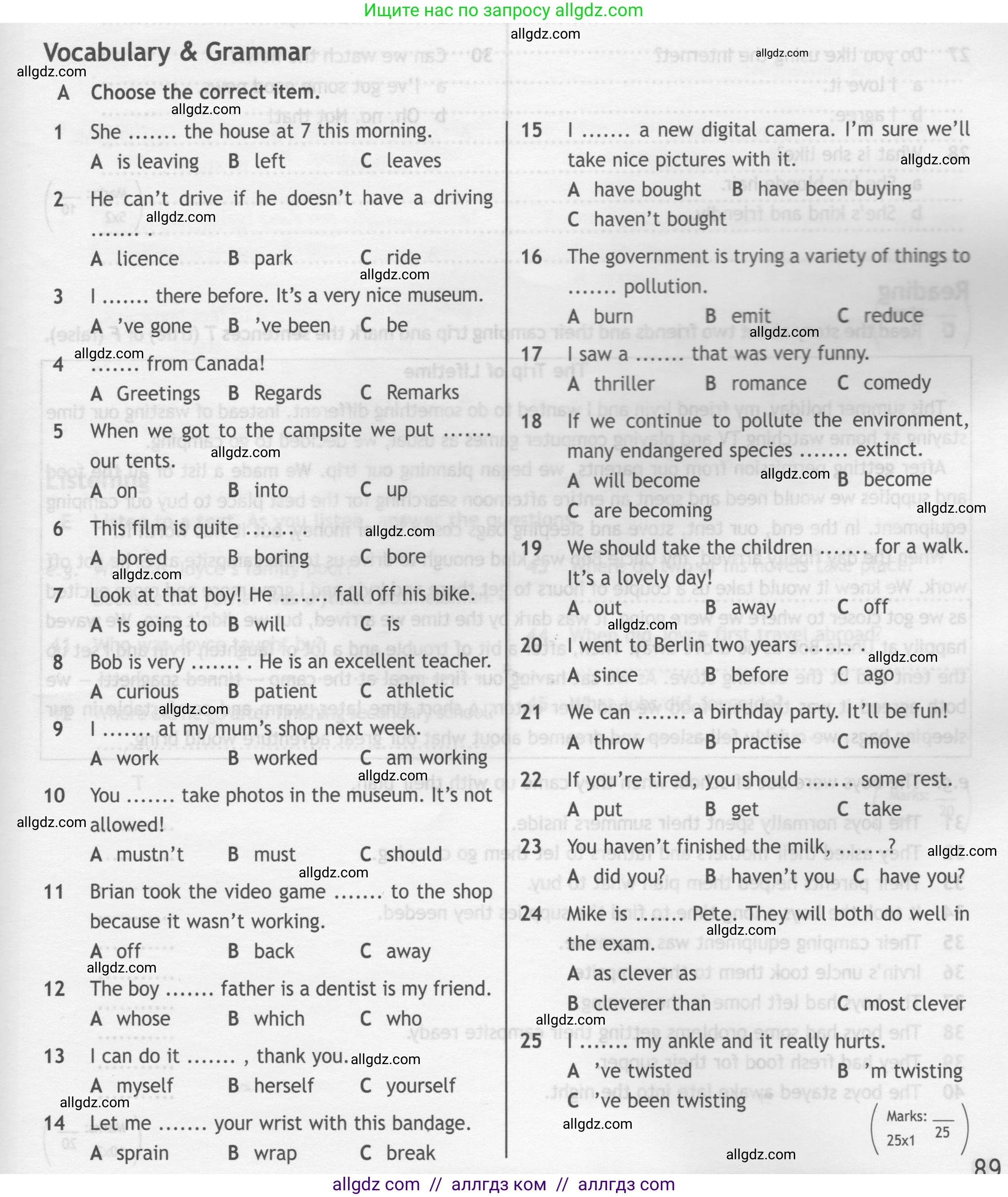 Английский язык (english), 7 класс контрольные задания (test booklet), авторы: Ваулина Юлия Евгеньевна (Vaulina Julia), Дули Дженни (Dooley Jenny), Подоляко Ольга Евгеньевна (Podolyako Olga), Эванс Вирджиния (Evans Virginia), издательство Просвещение, Москва, 2023, розового цвета, страница 89, номер A (1-30), Условие 2019-2022