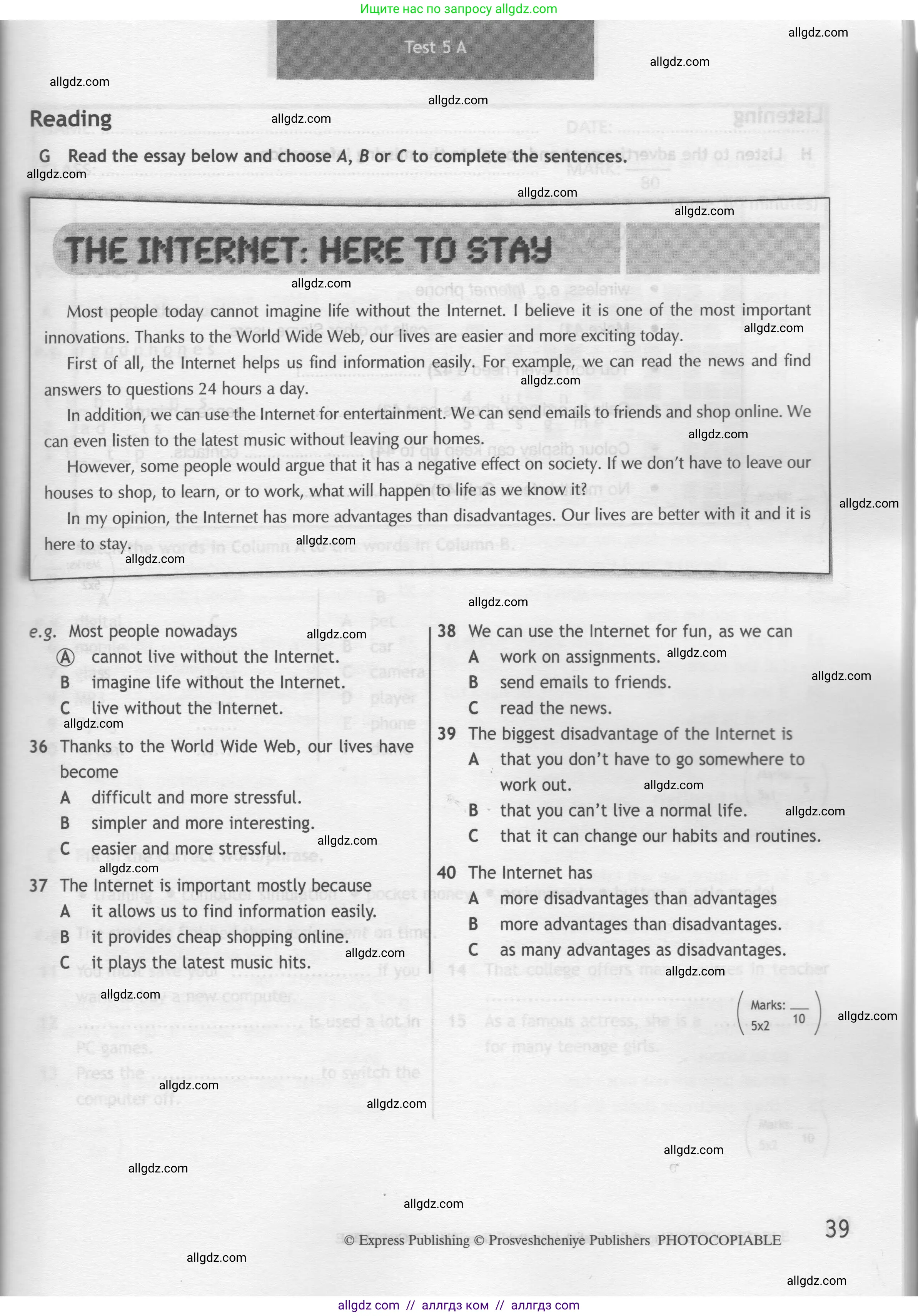 Английский язык (english), 7 класс контрольные задания (test booklet), авторы: Ваулина Юлия Евгеньевна (Vaulina Julia), Дули Дженни (Dooley Jenny), Подоляко Ольга Евгеньевна (Podolyako Olga), Эванс Вирджиния (Evans Virginia), издательство Просвещение, Москва, 2023, розового цвета, страница 39