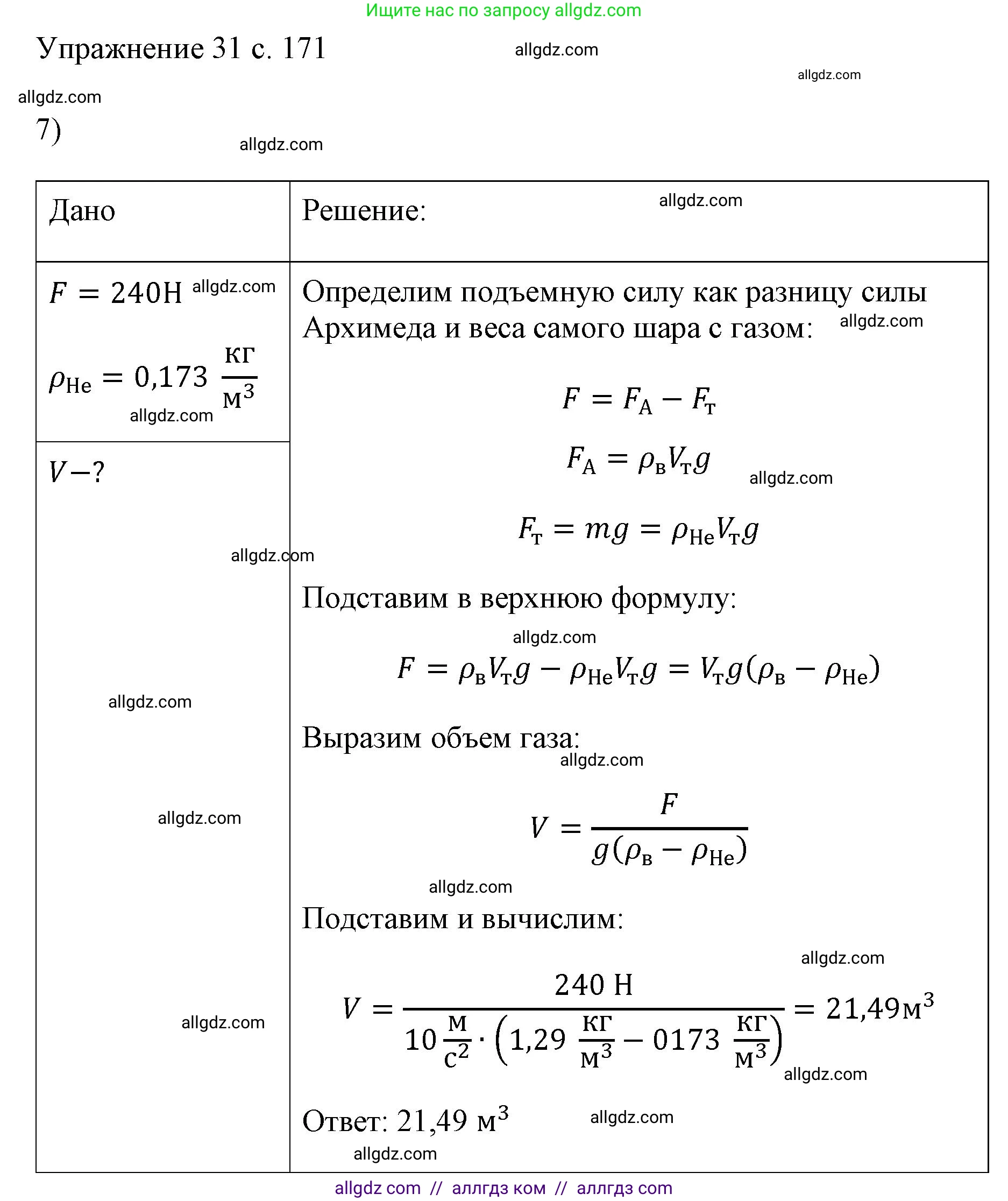 Физика, 7 класс Учебник, авторы: Пёрышкин И М, Иванов Александр Иванович, издательство Просвещение, Москва, 2023, белого цвета, страница 171, номер 7, Решение