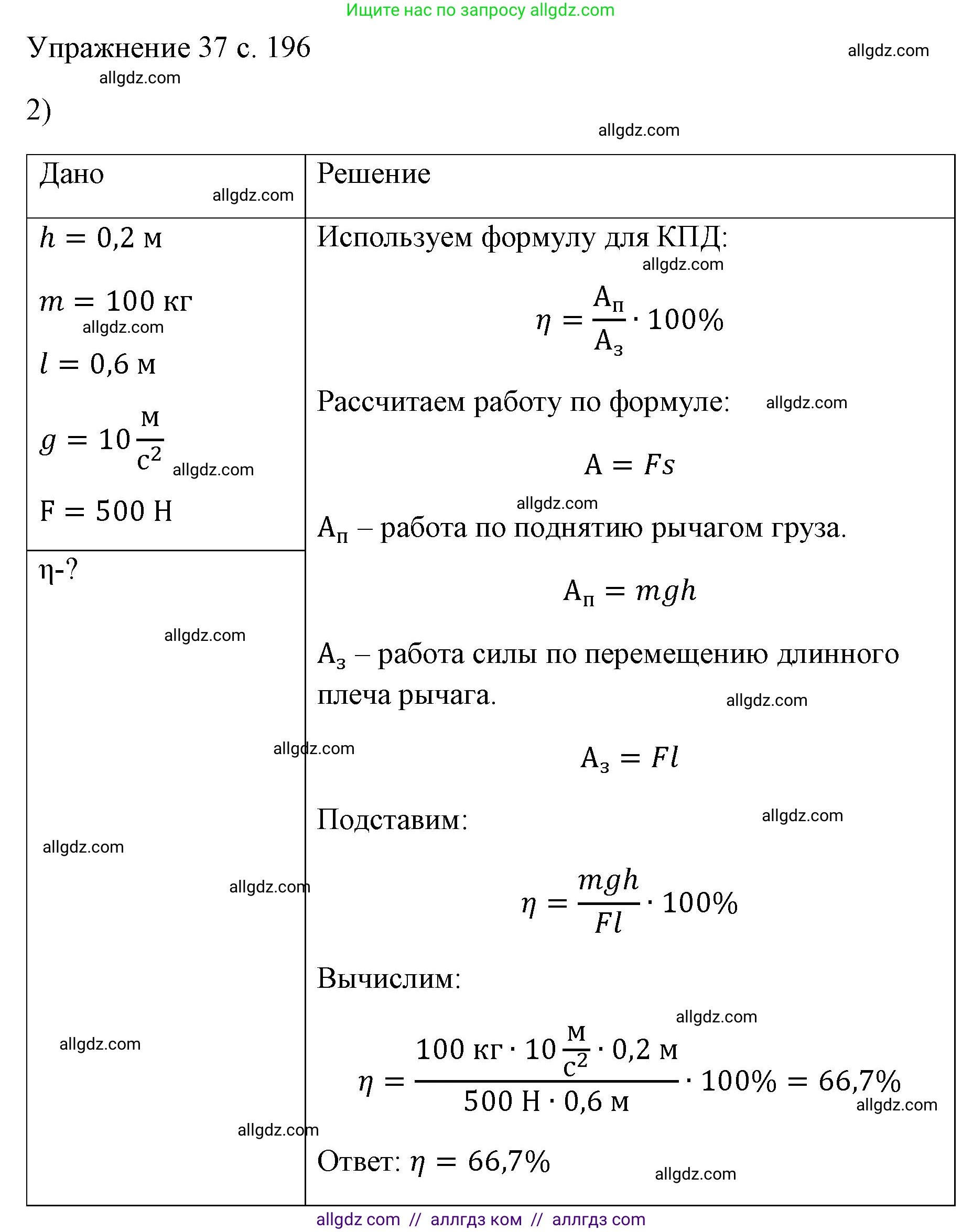 Физика, 7 класс Учебник, авторы: Пёрышкин И М, Иванов Александр Иванович, издательство Просвещение, Москва, 2023, белого цвета, страница 196, номер 2, Решение