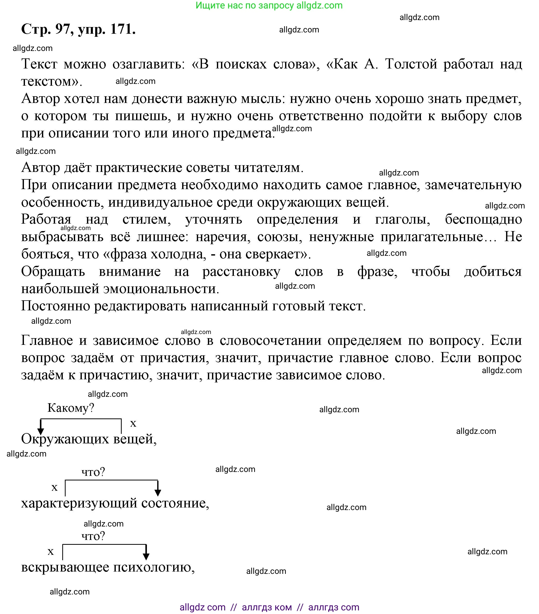 Русский язык, 7 класс Учебник, авторы: Баранов Михаил Трофимович, Ладыженская Таиса Алексеевна, Тростенцова Лидия Александровна, Ладыженская Наталия Вениаминовна, Александрова Ольга Макаровна, Дейкина Алевтина Дмитриевна, Антонова Любовь Геннадиевна, Григорян Лариса Трофимовна, Кулибаба Иван Иванович, издательство Просвещение, Москва, 2023, зелёного цвета, Часть 1, страница 97, номер 171, Решение 1 (2024-2027)