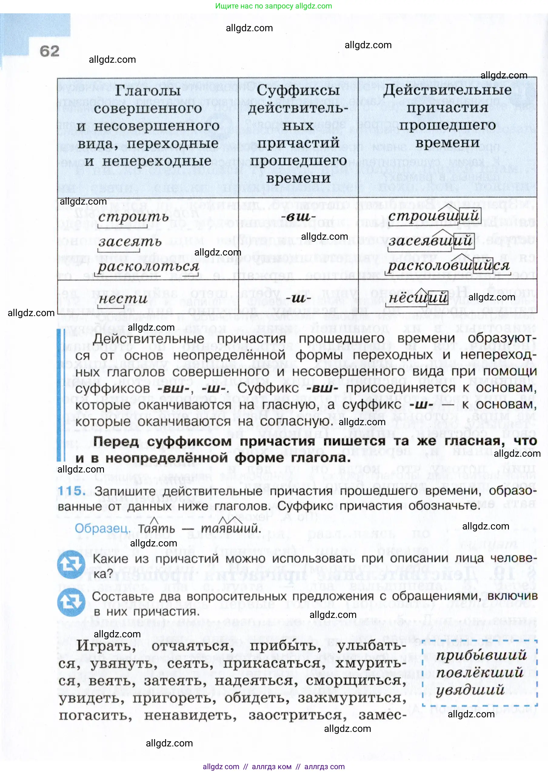 Русский язык, 7 класс Учебник, авторы: Баранов Михаил Трофимович, Ладыженская Таиса Алексеевна, Тростенцова Лидия Александровна, Ладыженская Наталия Вениаминовна, Александрова Ольга Макаровна, Дейкина Алевтина Дмитриевна, Антонова Любовь Геннадиевна, Григорян Лариса Трофимовна, Кулибаба Иван Иванович, издательство Просвещение, Москва, 2023, зелёного цвета, страница 62