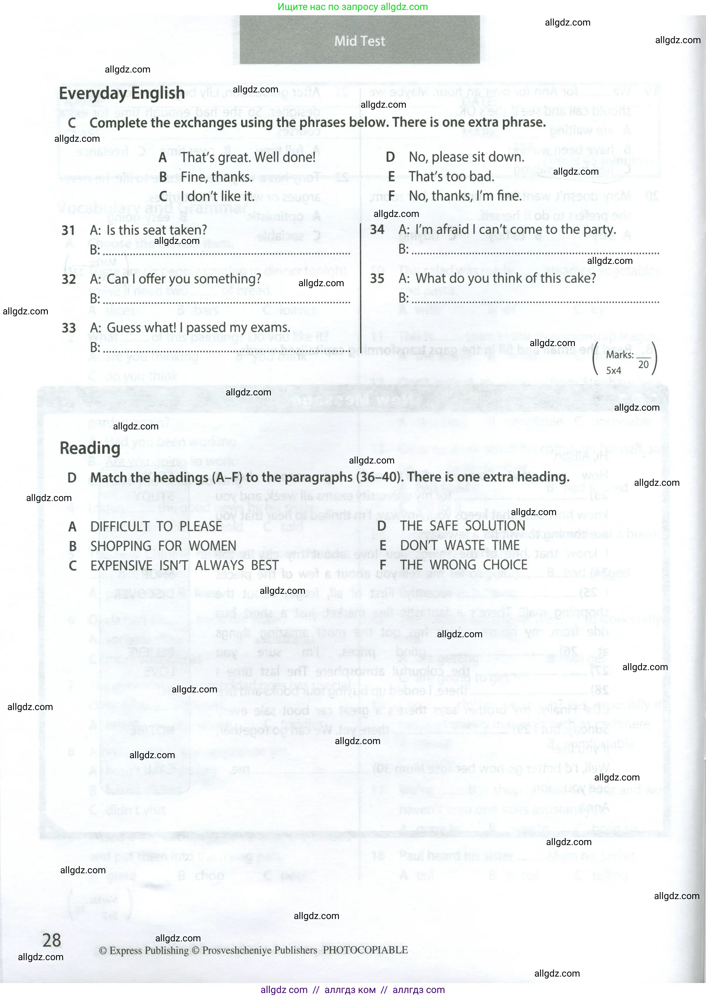 Английский язык (english), 8 класс контрольные задания (test booklet), авторы: Ваулина Юлия Евгеньевна (Vaulina Julia), Дули Дженни (Dooley Jenny), Подоляко Ольга Евгеньевна (Podolyako Olga), Эванс Вирджиния (Evans Virginia), издательство Просвещение, Москва, 2024, бирюзового цвета, страница 28