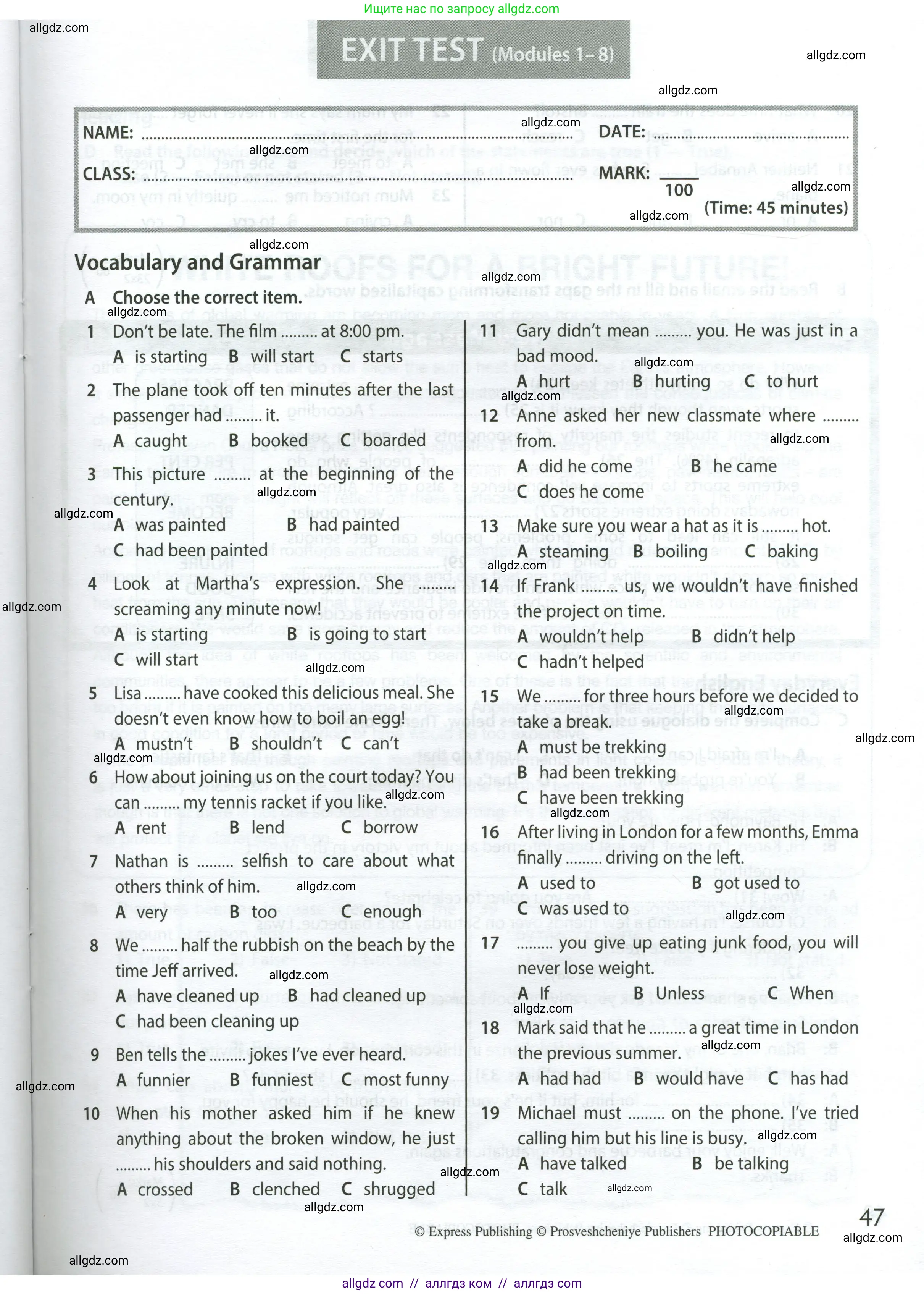 Английский язык (english), 8 класс контрольные задания (test booklet), авторы: Ваулина Юлия Евгеньевна (Vaulina Julia), Дули Дженни (Dooley Jenny), Подоляко Ольга Евгеньевна (Podolyako Olga), Эванс Вирджиния (Evans Virginia), издательство Просвещение, Москва, 2024, бирюзового цвета, страница 47