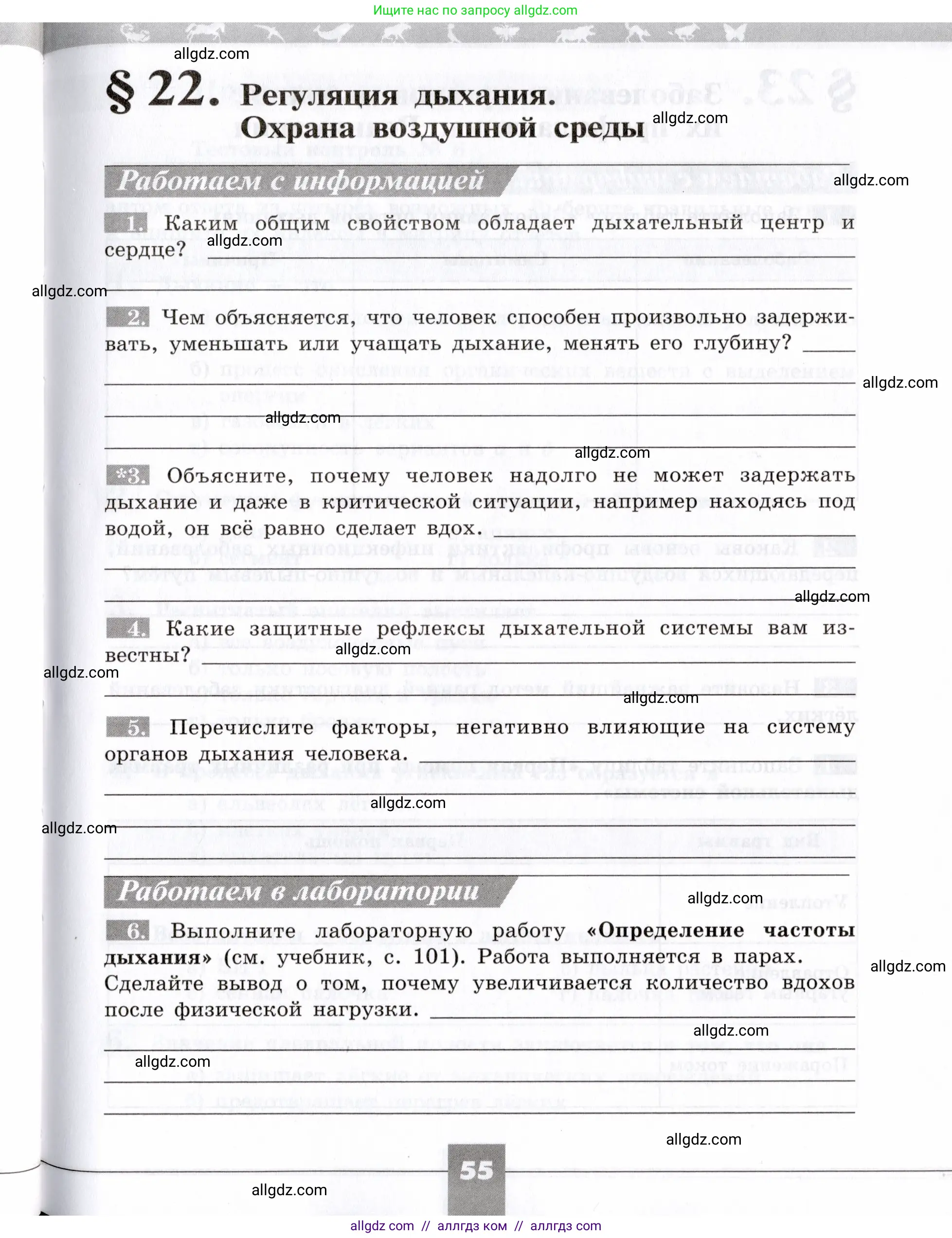 Биология, 8 класс рабочая тетрадь, авторы: Пасечник Владимир Васильевич, Швецов Глеб Геннадьевич, издательство Просвещение, Москва, 2019, страница 55