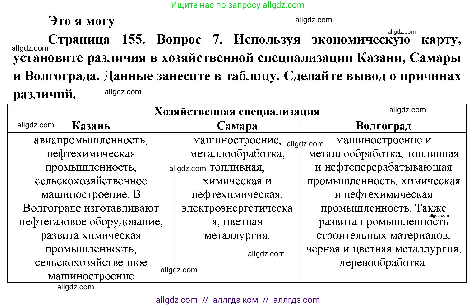 География, 9 класс Учебник, авторы: Алексеев Александр Иванович, Николина Вера Викторовна, Липкина Елена Карловна, Болысов Сергей Иванович, Кузнецова Галина Юрьевна, издательство Просвещение, Москва, 2023, жёлтого цвета, страница 155, номер 7, Решение
