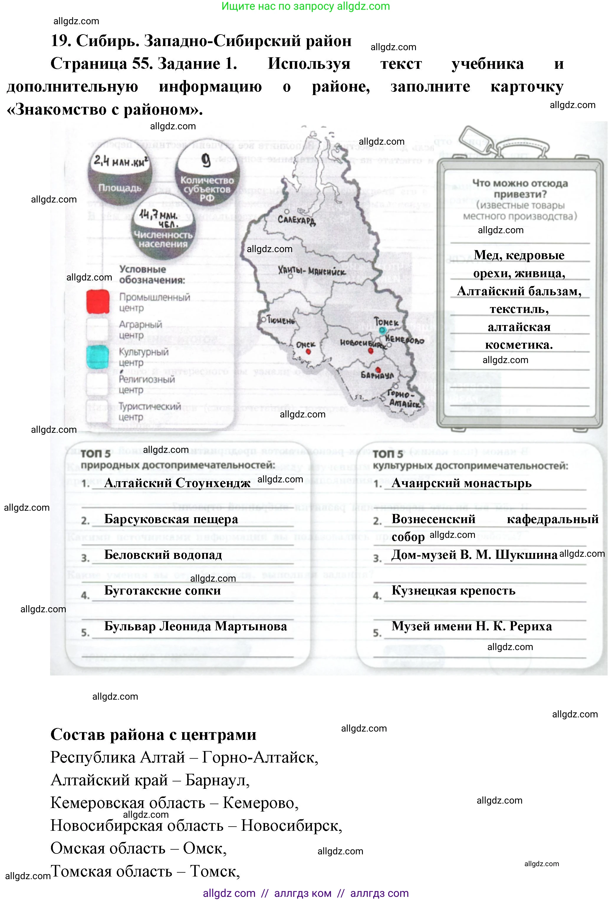 География, 9 класс Практические работы, автор: Дубинина Софья Петровна, издательство Просвещение, Москва, 2023, жёлтого цвета, страница 55, номер 1, Решение
